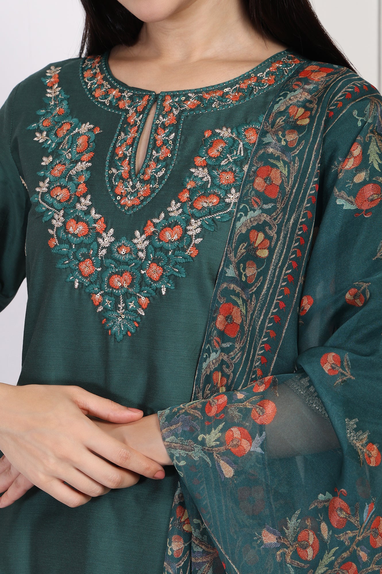 Green Embroidered A-Line Silk Kurta with Straight Pant and Dupatta Set - Image 3