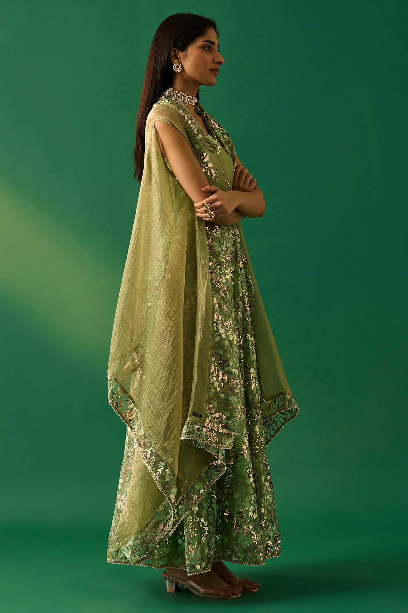 Green Embroidered Anarkali Tissue Dress with Churidar and Dupatta Set - Image 5