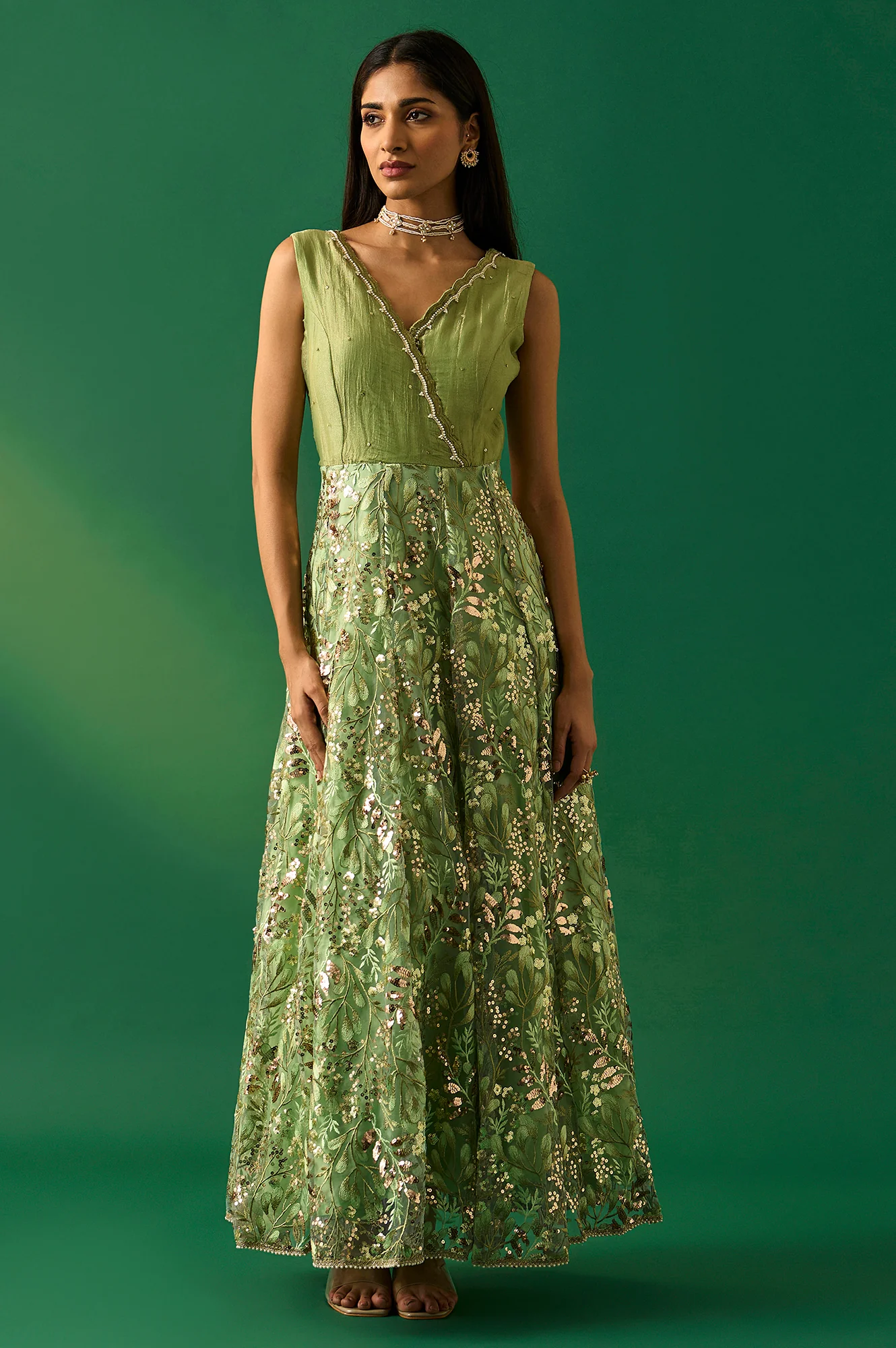 Green Embroidered Anarkali Tissue Dress with Churidar and Dupatta Set - Image 6