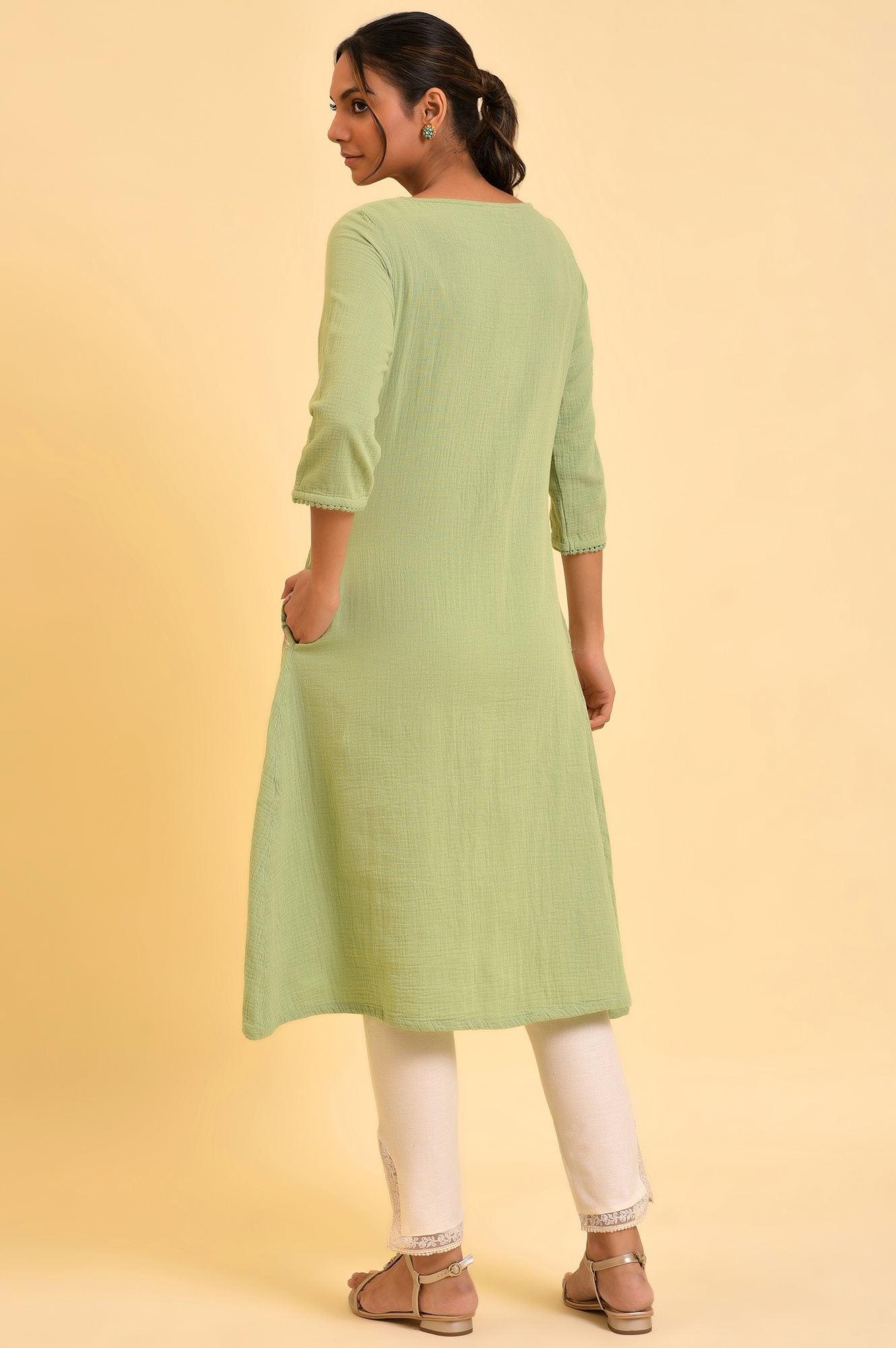 Green Embroidered Cotton Summer kurta - Image 2