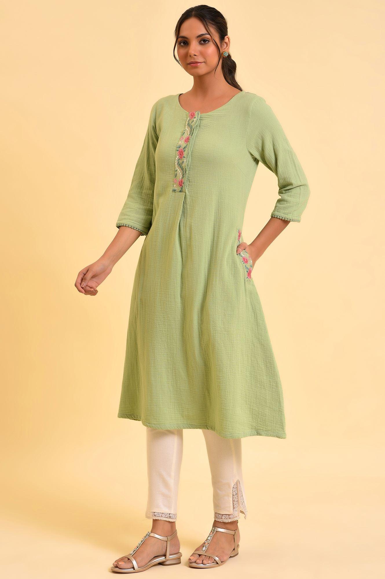 Green Embroidered Cotton Summer kurta - Image 3