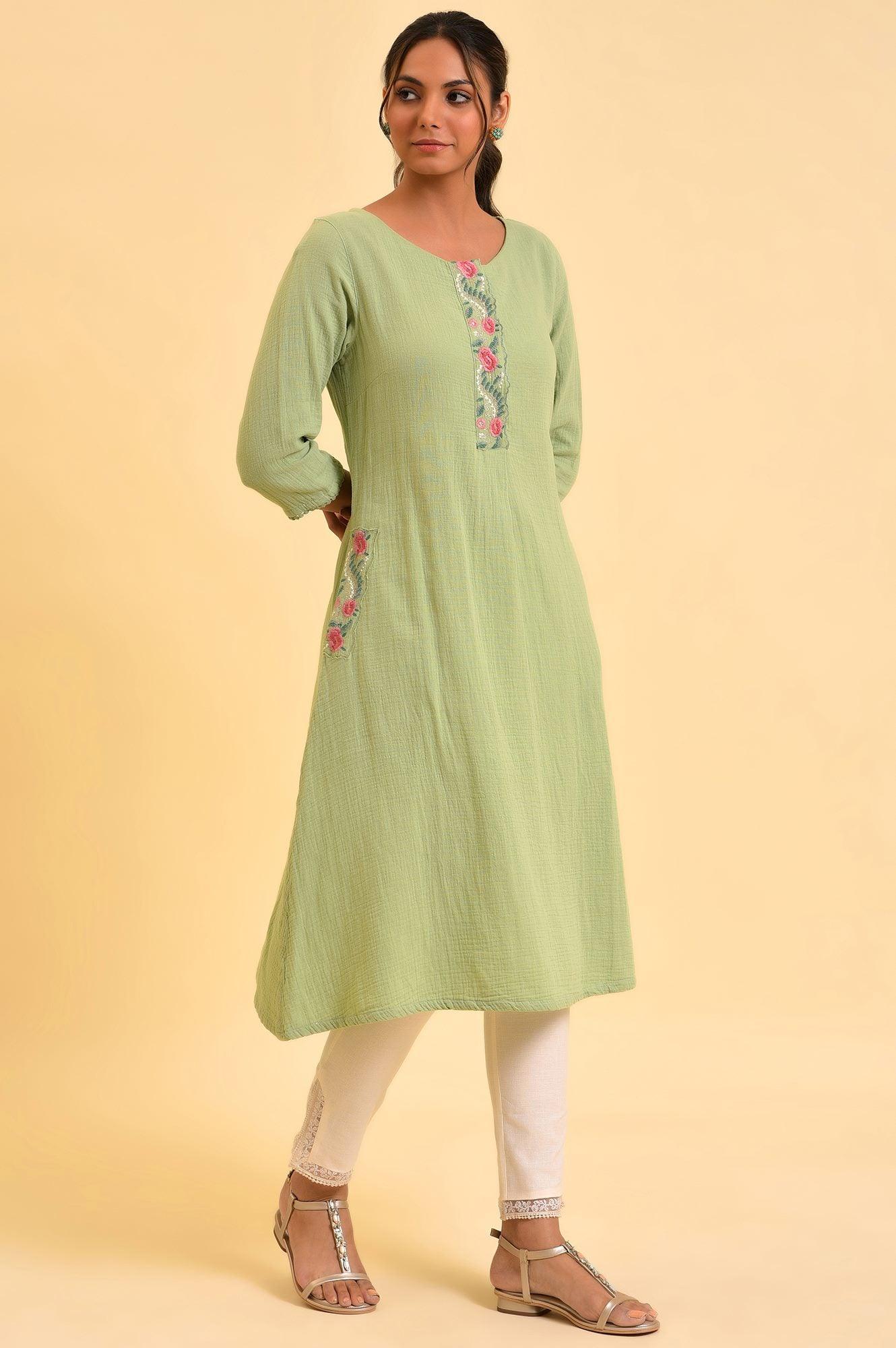 Green Embroidered Cotton Summer kurta - Image 4
