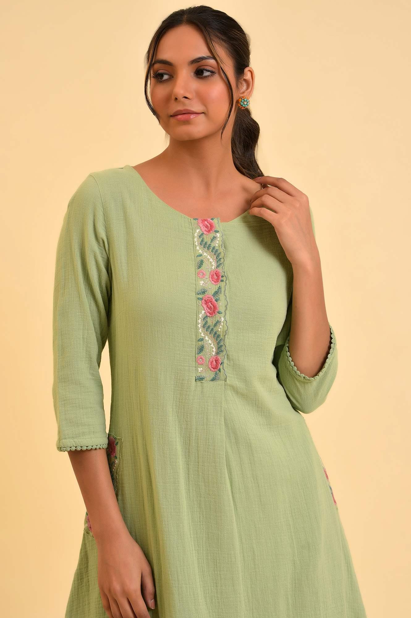 Green Embroidered Cotton Summer kurta - Image 5