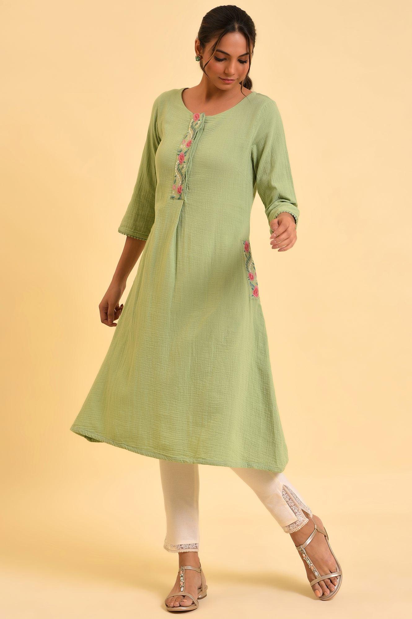 Green Embroidered Cotton Summer kurta - Image 6