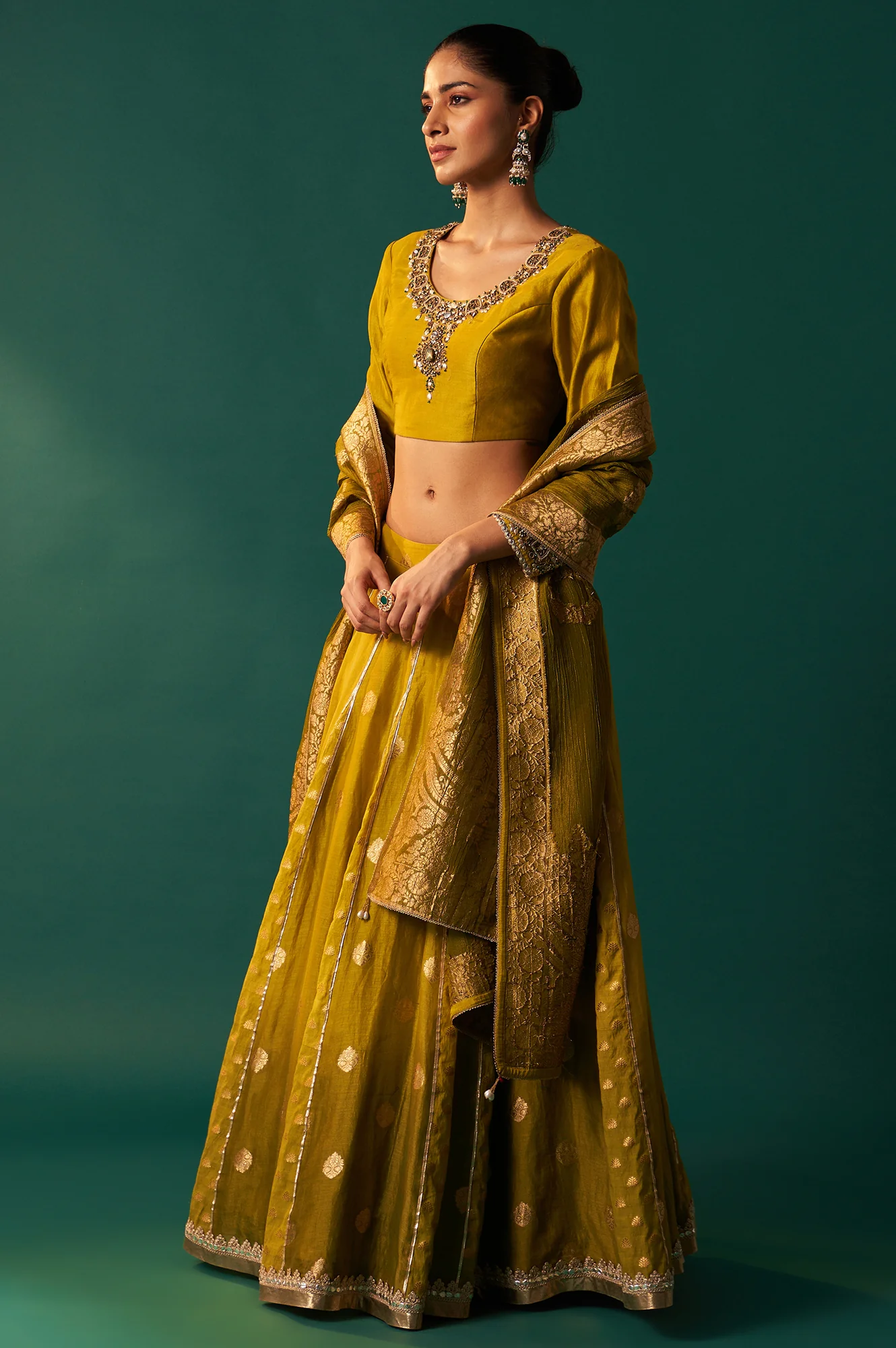 Green Embroidered Flared Cotton Blouse with Skirt and Dupatta Set - Image 4