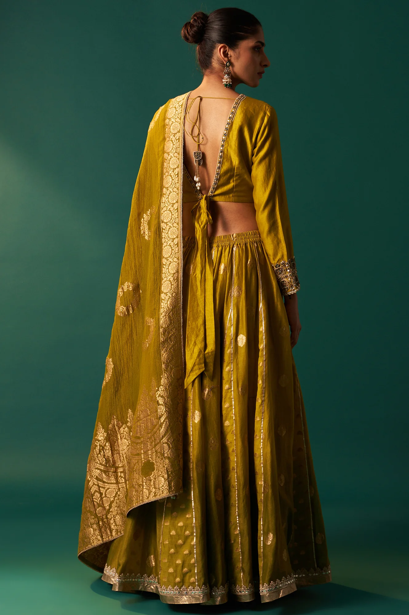 Green Embroidered Flared Cotton Blouse with Skirt and Dupatta Set - Image 5