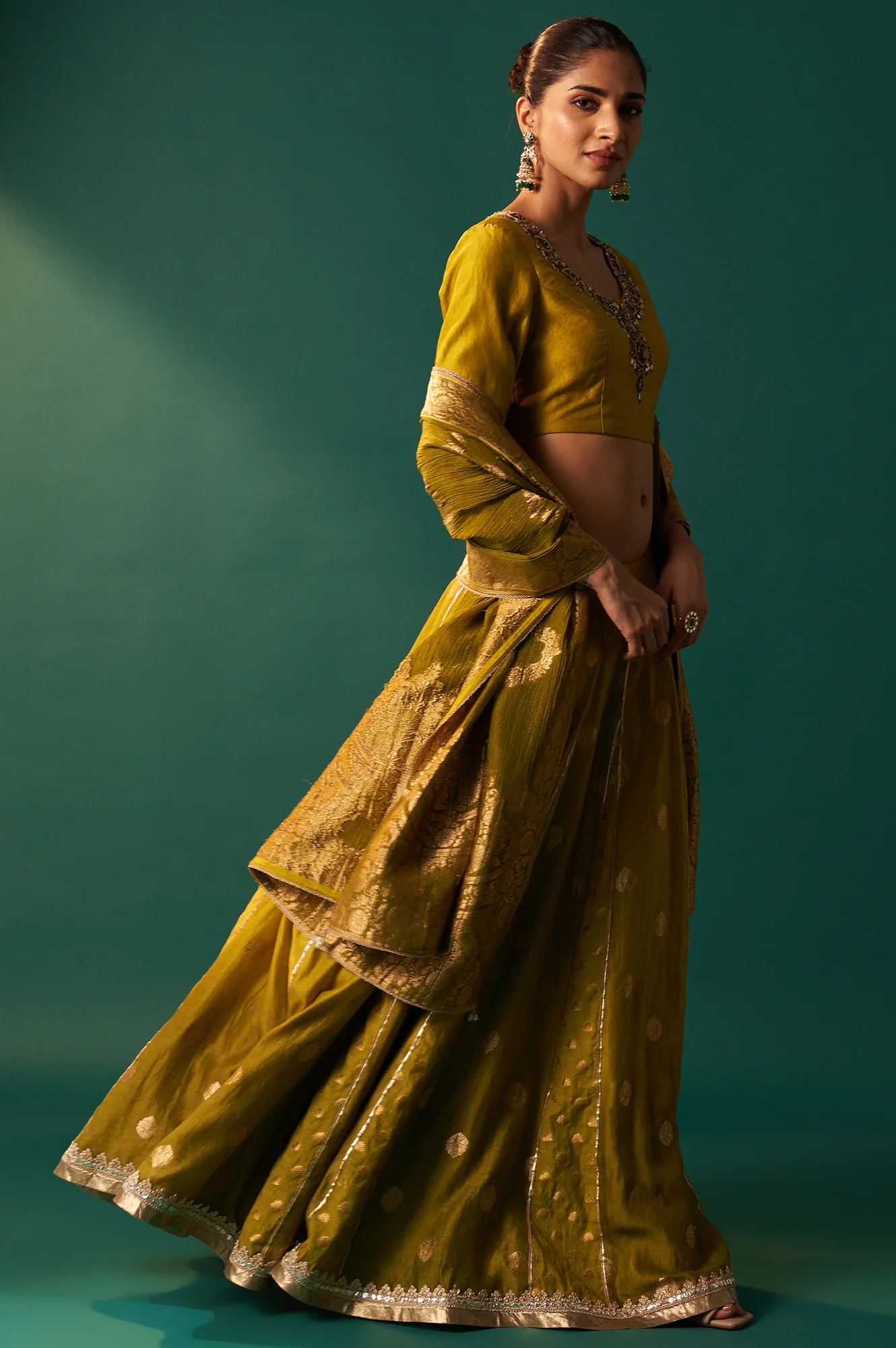 Green Embroidered Flared Cotton Blouse with Skirt and Dupatta Set - Image 6