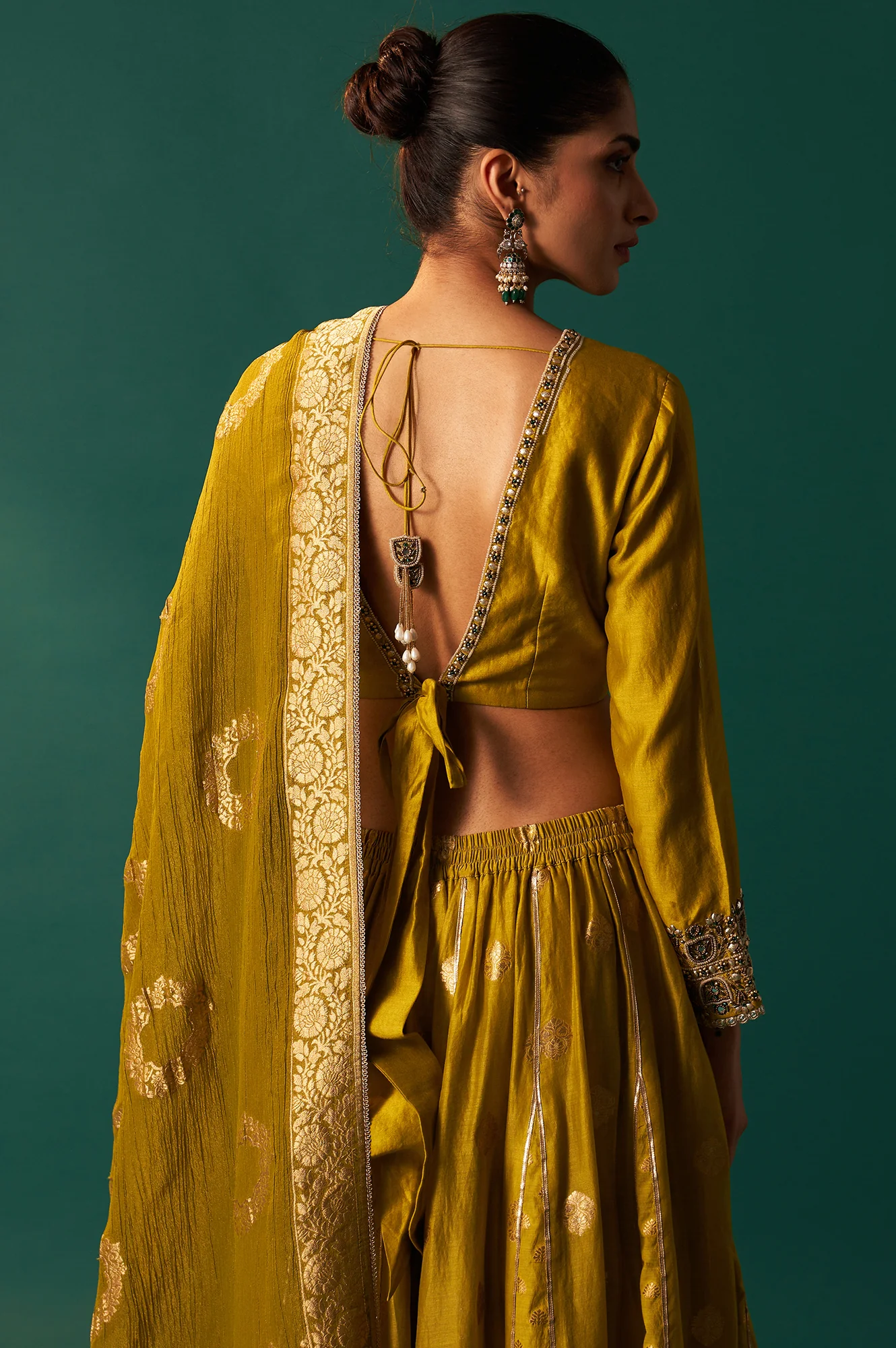 Green Embroidered Flared Cotton Blouse with Skirt and Dupatta Set - Image 8