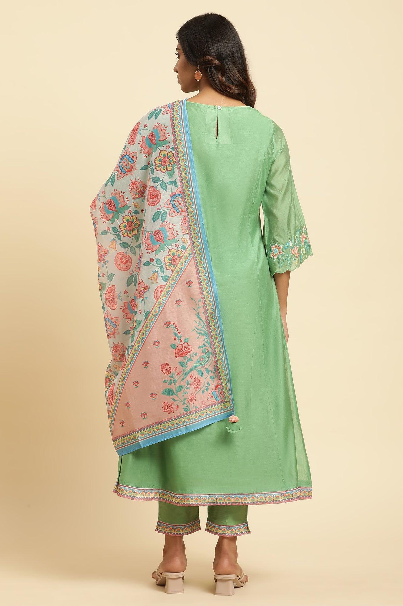 Green Embroidered Kurta, Pants And Printed Dupatta Set - Image 8