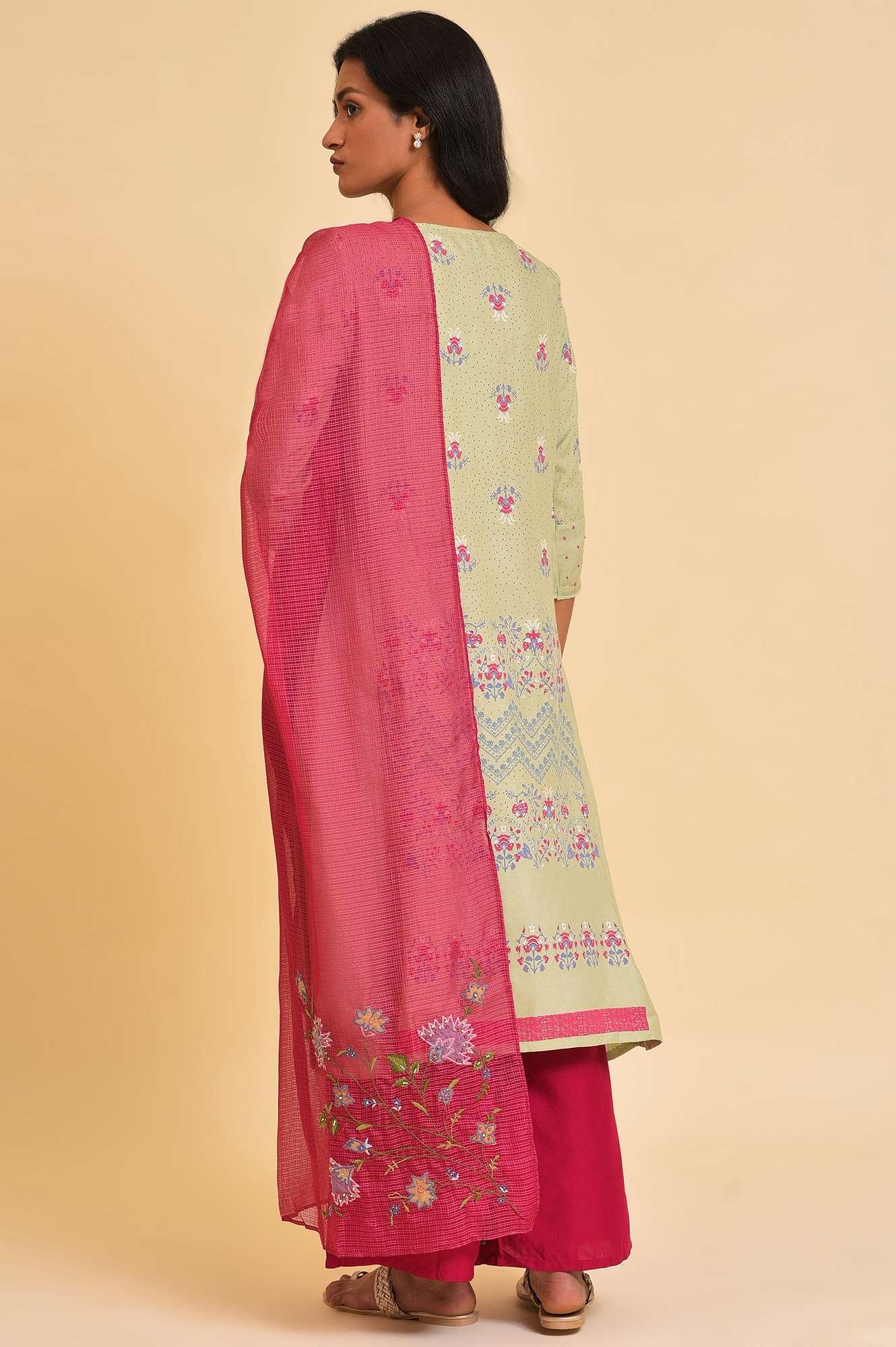 Green Embroidered kurta, Parallel Pants & Dupatta Set - Image 2