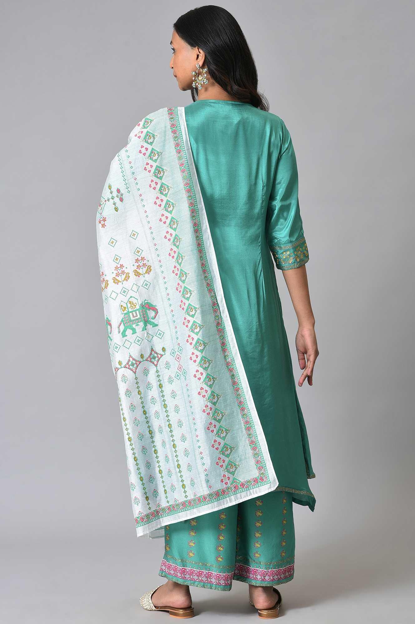 Green Embroidered kurta With Parallel Pants And Ecru Printed Dupatta - Image 2