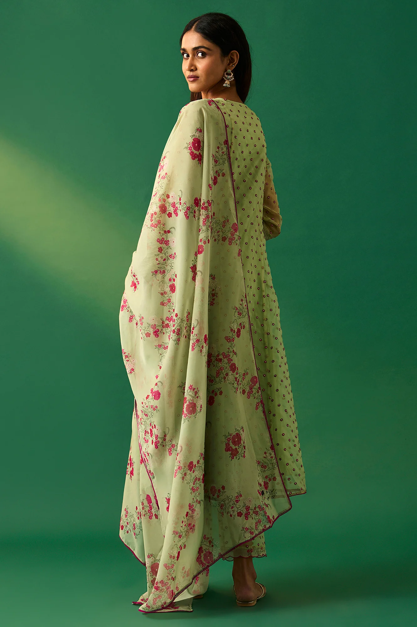 Green Embroidered Organza Flared Kurta, Pant and Printed Dupatta Set - Image 6