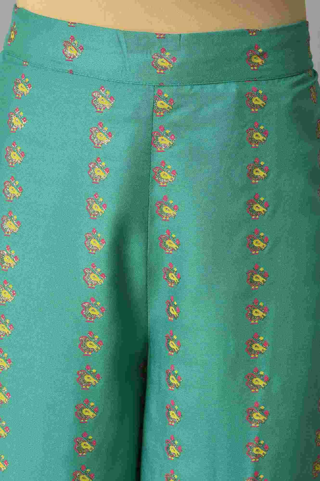 Green Embroidered Shantung kurta With Printed Parallel Pants And Dupatta - Image 6