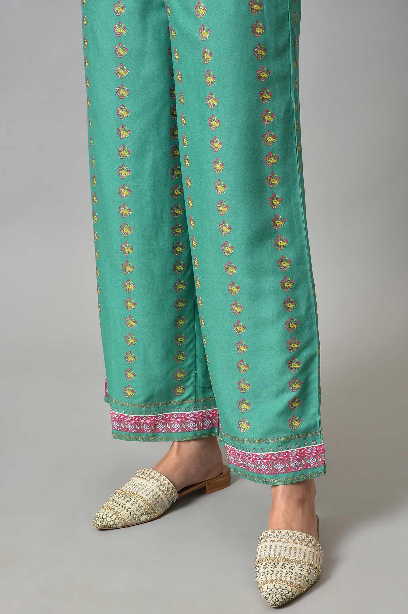 Green Embroidered Shantung kurta With Printed Parallel Pants And Dupatta - Image 8