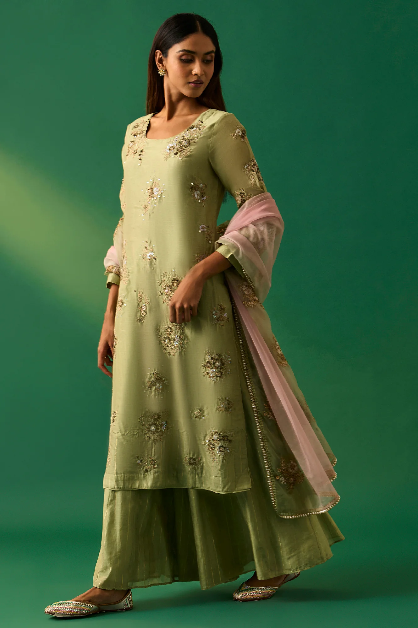 Green Embroidered Straight Cotton Kurta with Culotte and Dupatta Set - Image 3