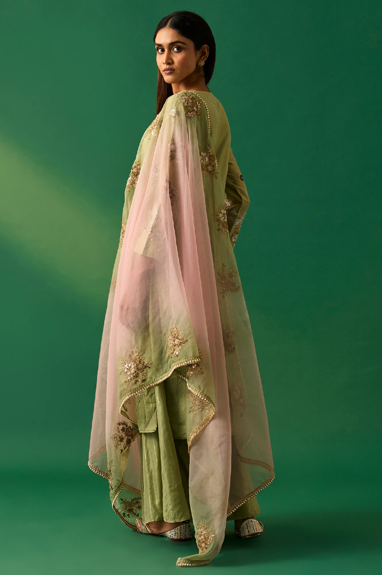 Green Embroidered Straight Cotton Kurta with Culotte and Dupatta Set - Image 4