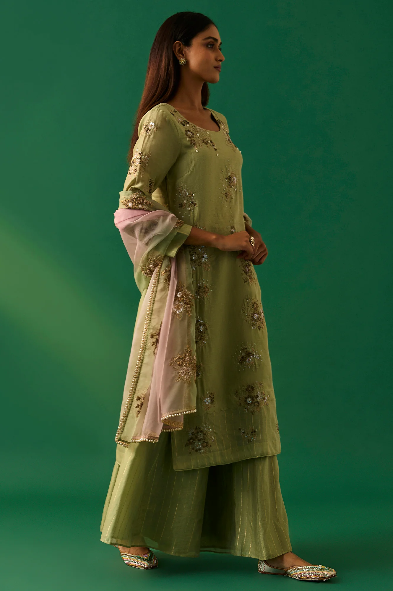 Green Embroidered Straight Cotton Kurta with Culotte and Dupatta Set - Image 5