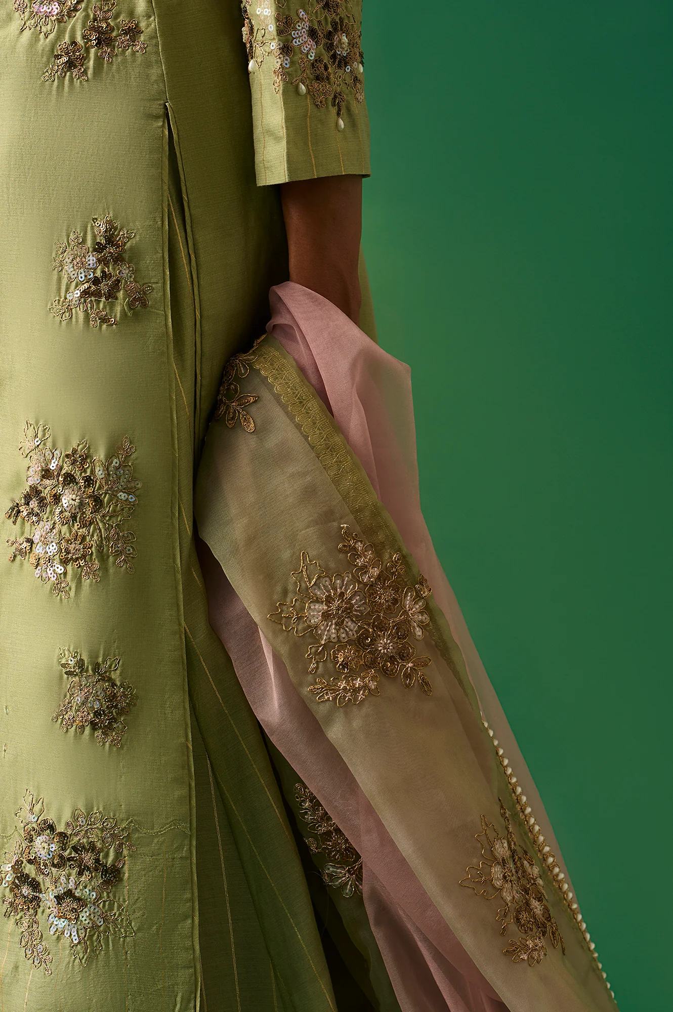 Green Embroidered Straight Cotton Kurta with Culotte and Dupatta Set - Image 7