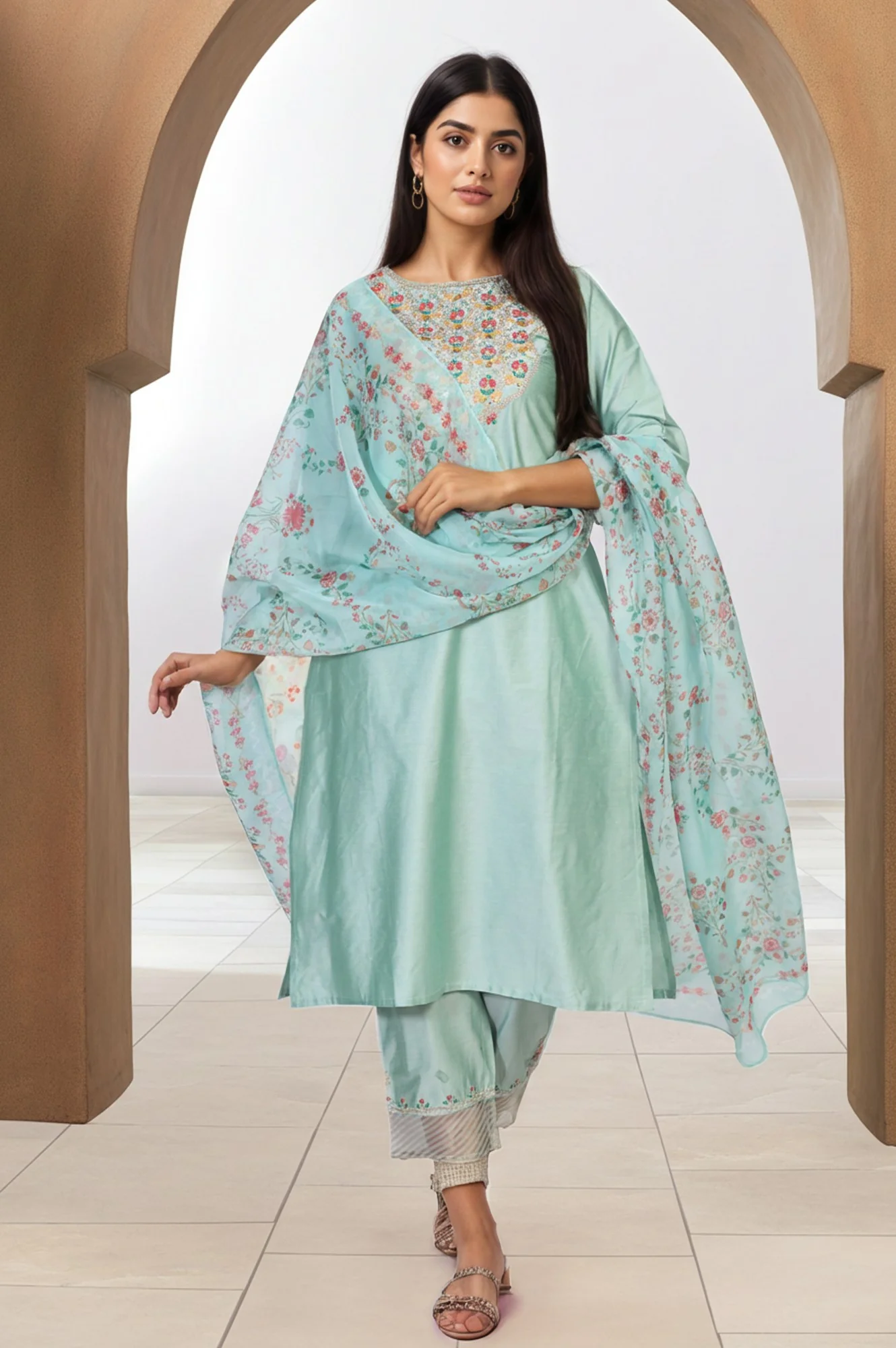 Green Embroidered Straight Jacquard Kurta with Straight Pant and Dupatta Set - Image 2