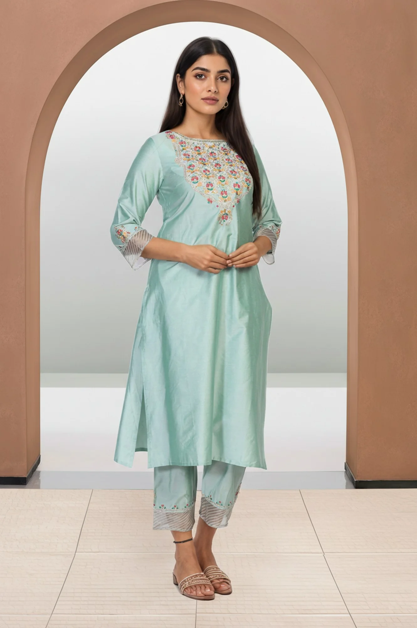Green Embroidered Straight Jacquard Kurta with Straight Pant and Dupatta Set - Image 4