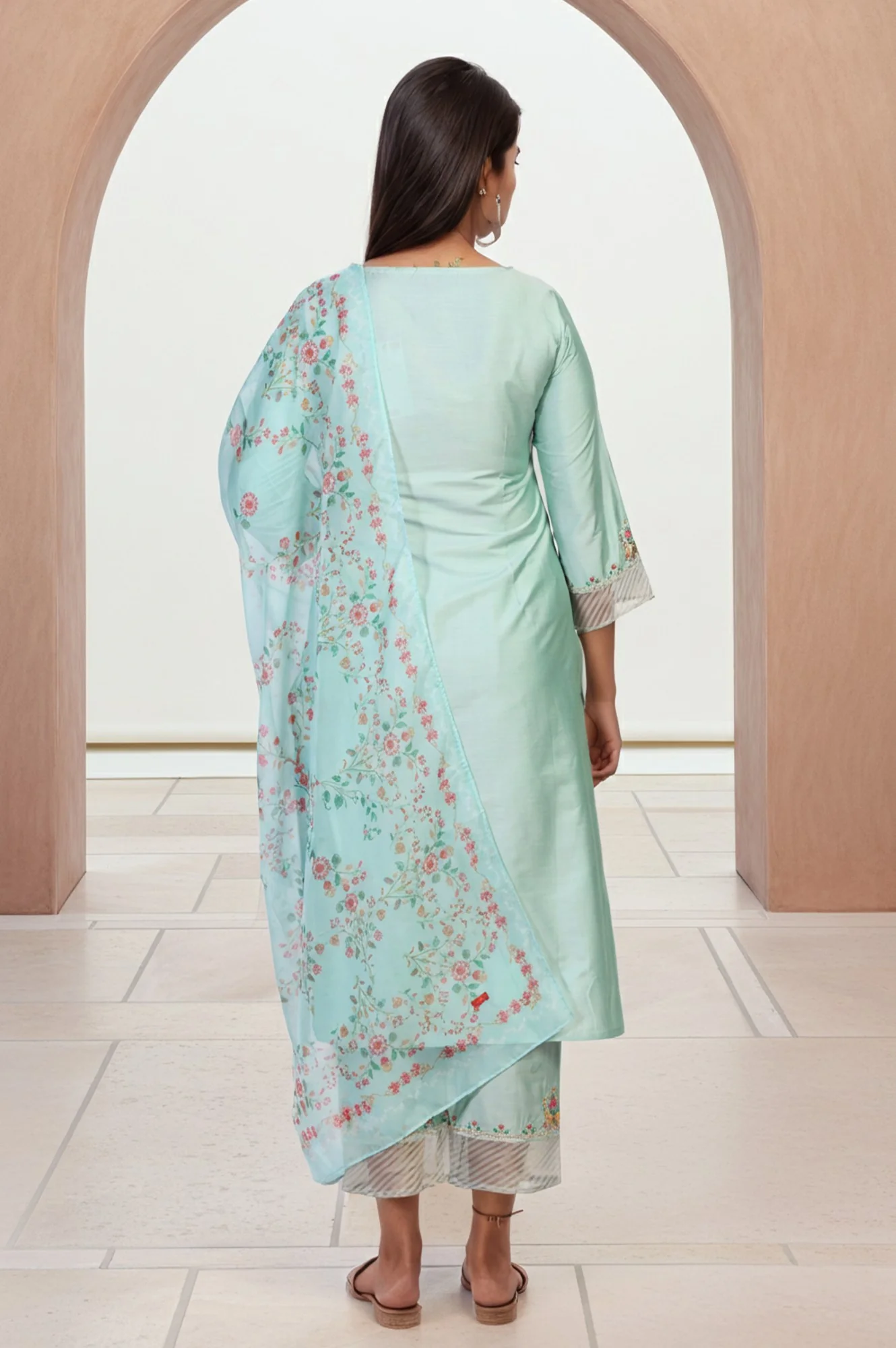 Green Embroidered Straight Jacquard Kurta with Straight Pant and Dupatta Set - Image 5