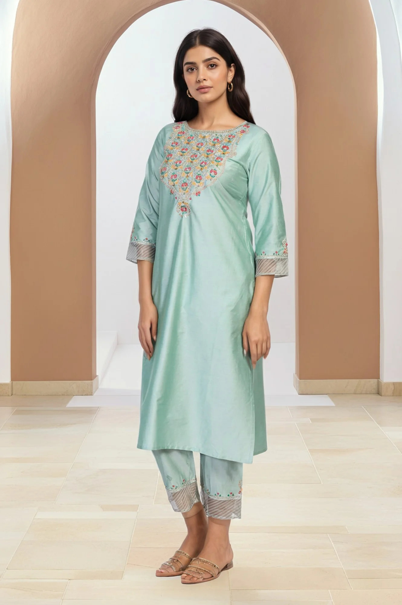 Green Embroidered Straight Jacquard Kurta with Straight Pant and Dupatta Set - Image 6