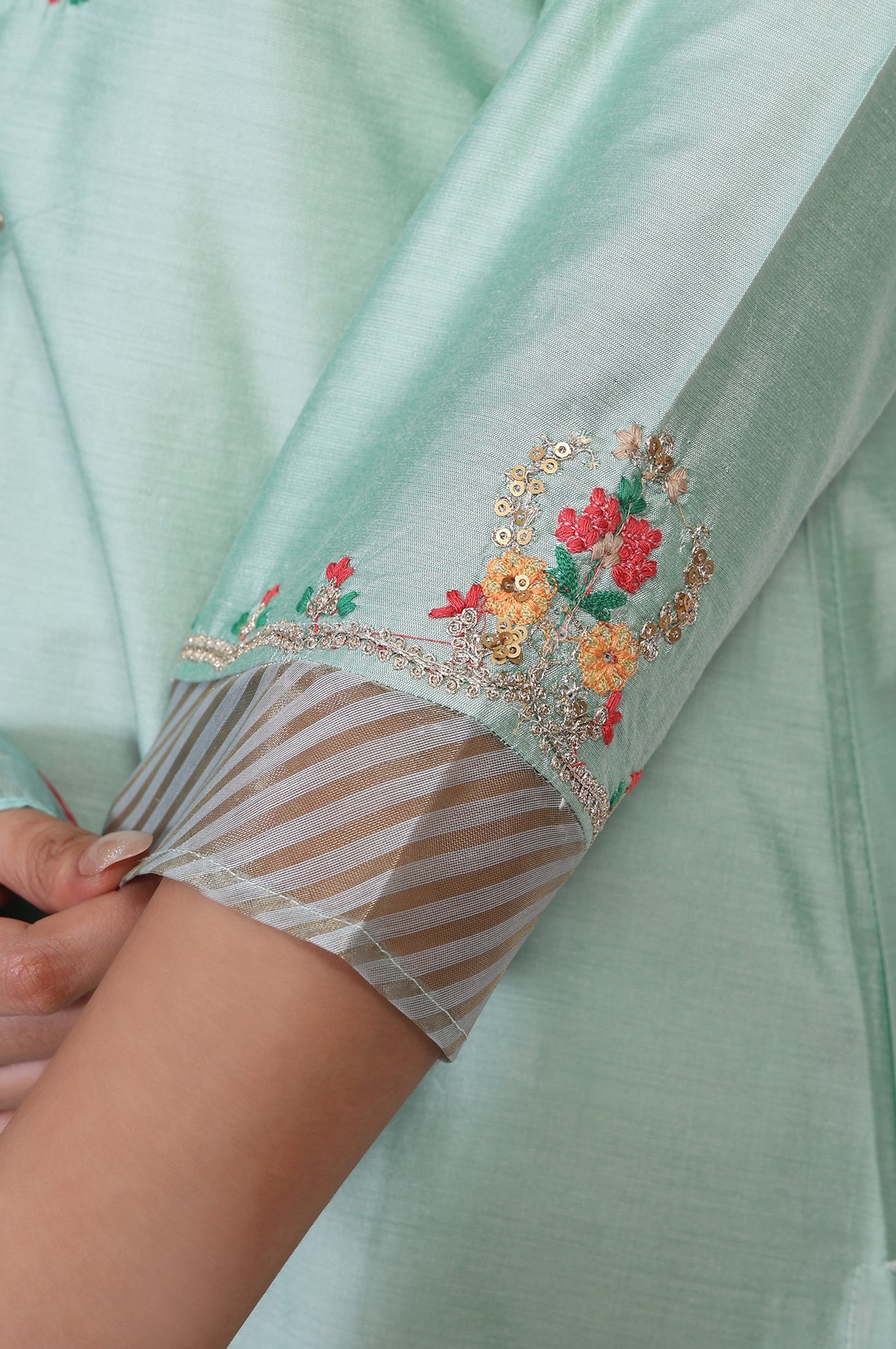 Green Embroidered Straight Jacquard Kurta with Straight Pant and Dupatta Set - Image 9