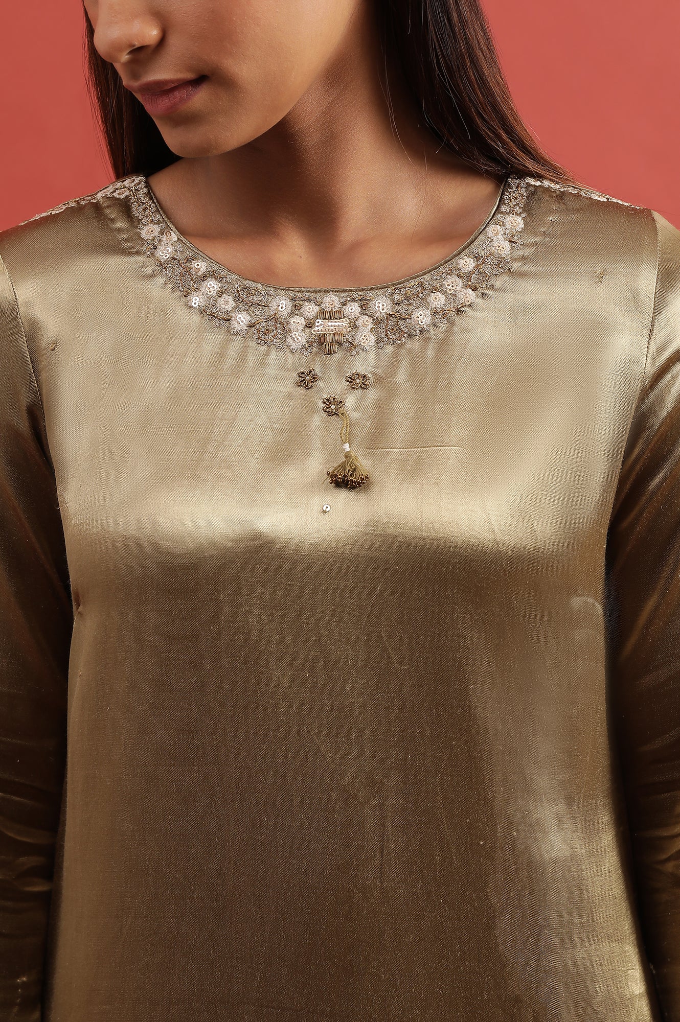 Green Embroidered Straight Kurta In Mushroo - Image 6