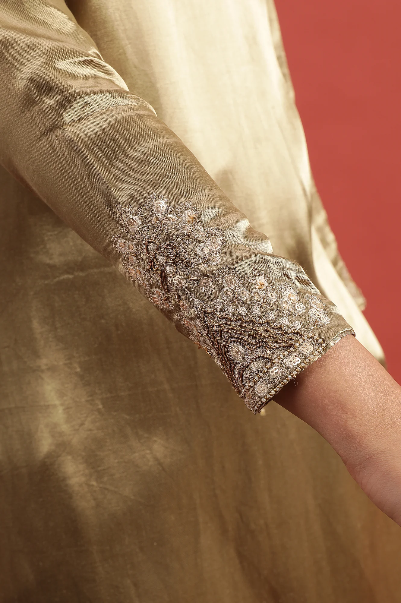 Green Embroidered Straight Kurta In Mushroo - Image 7