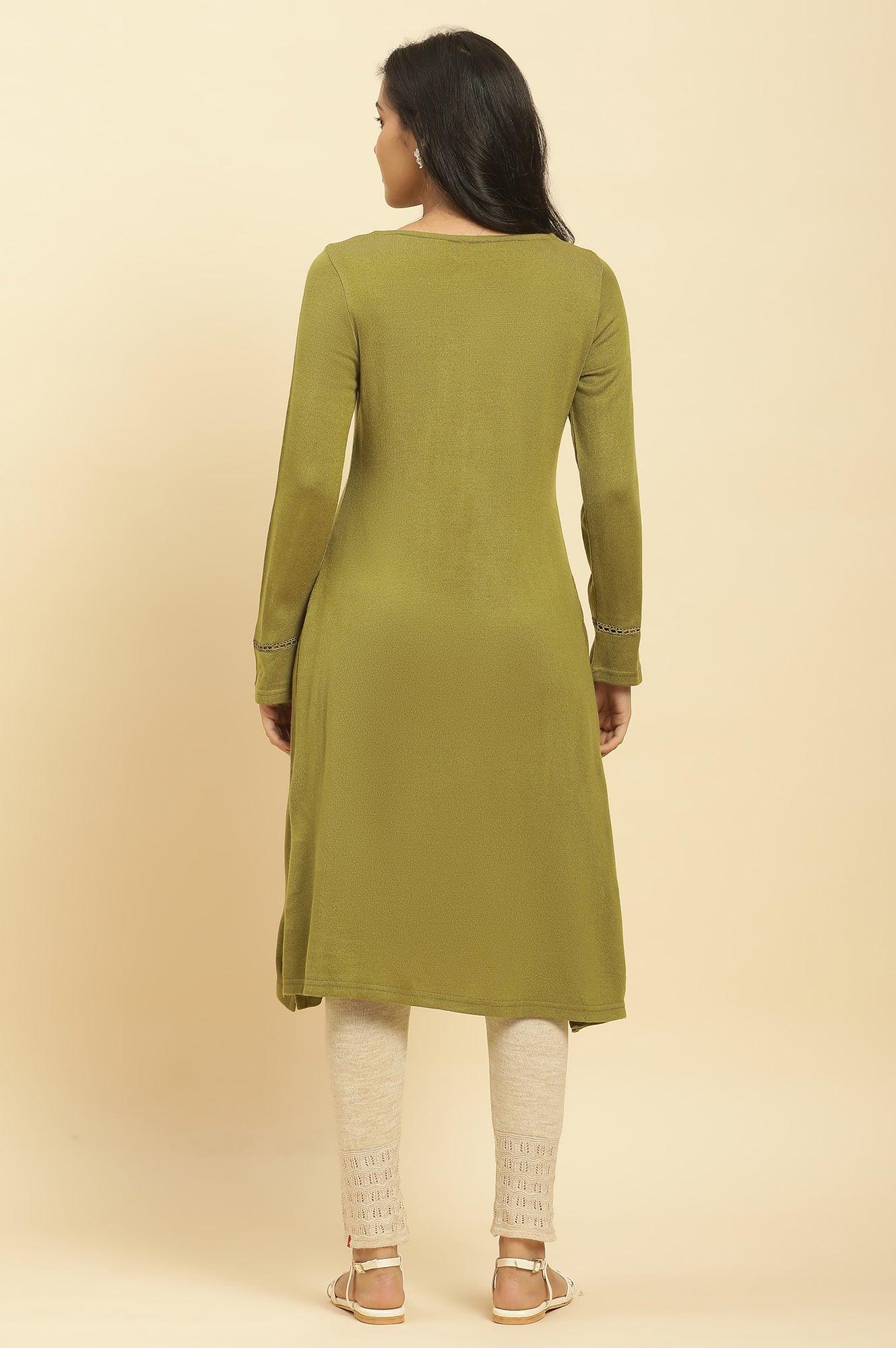 Green Embroidered Winter Kurta And Tights Set - Image 4