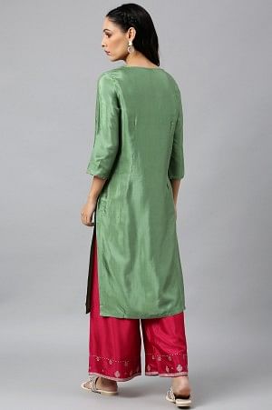 Green Embroidered Yoke kurta with Pink Parallel Pants - Image 2