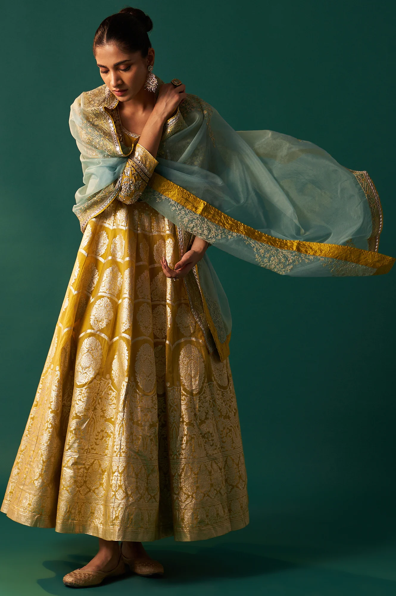 Green Embroidered Zari Work Flared Cotton Dress with Dupatta Set - Image 2