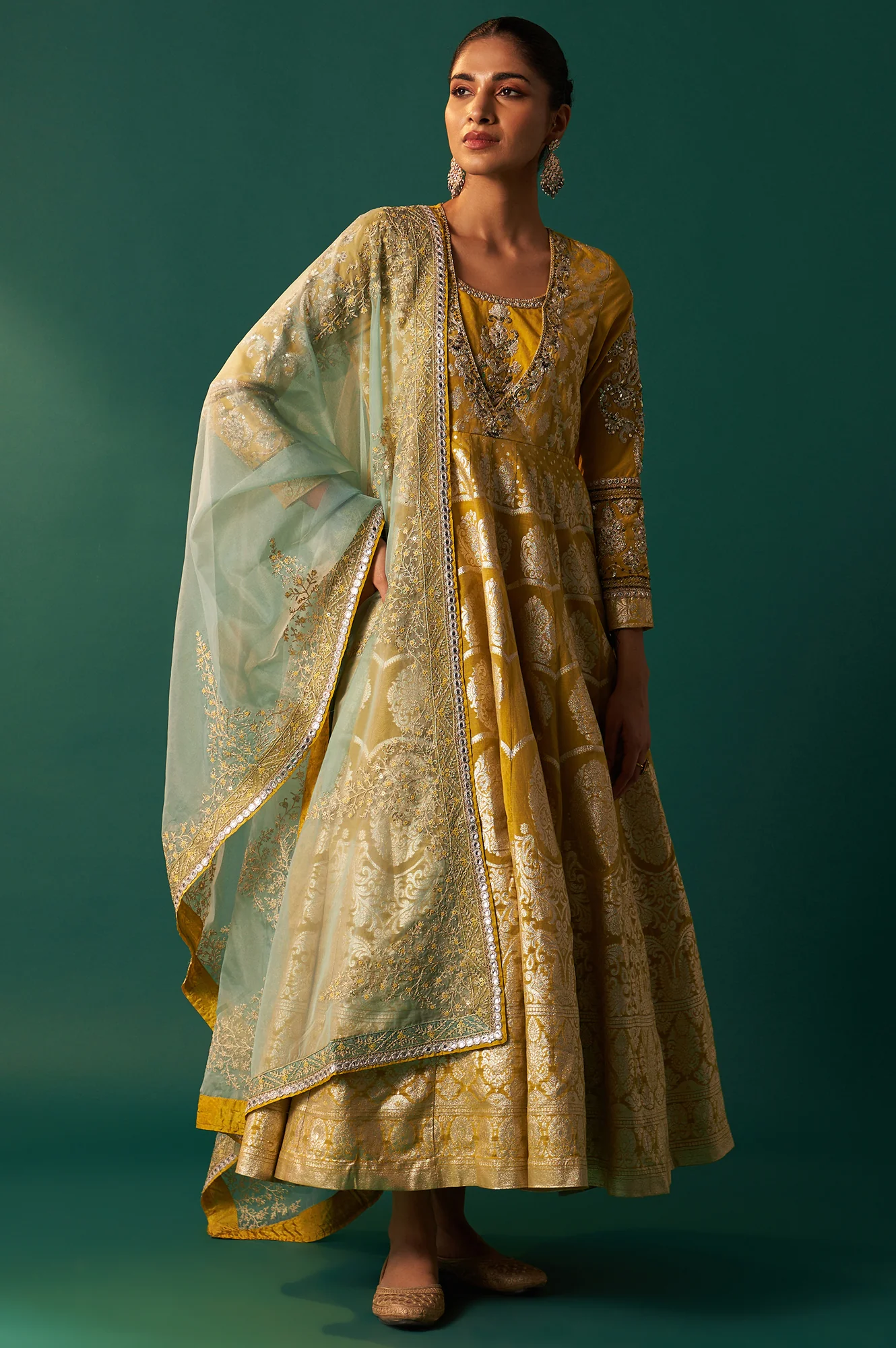 Green Embroidered Zari Work Flared Cotton Dress with Dupatta Set - Image 3