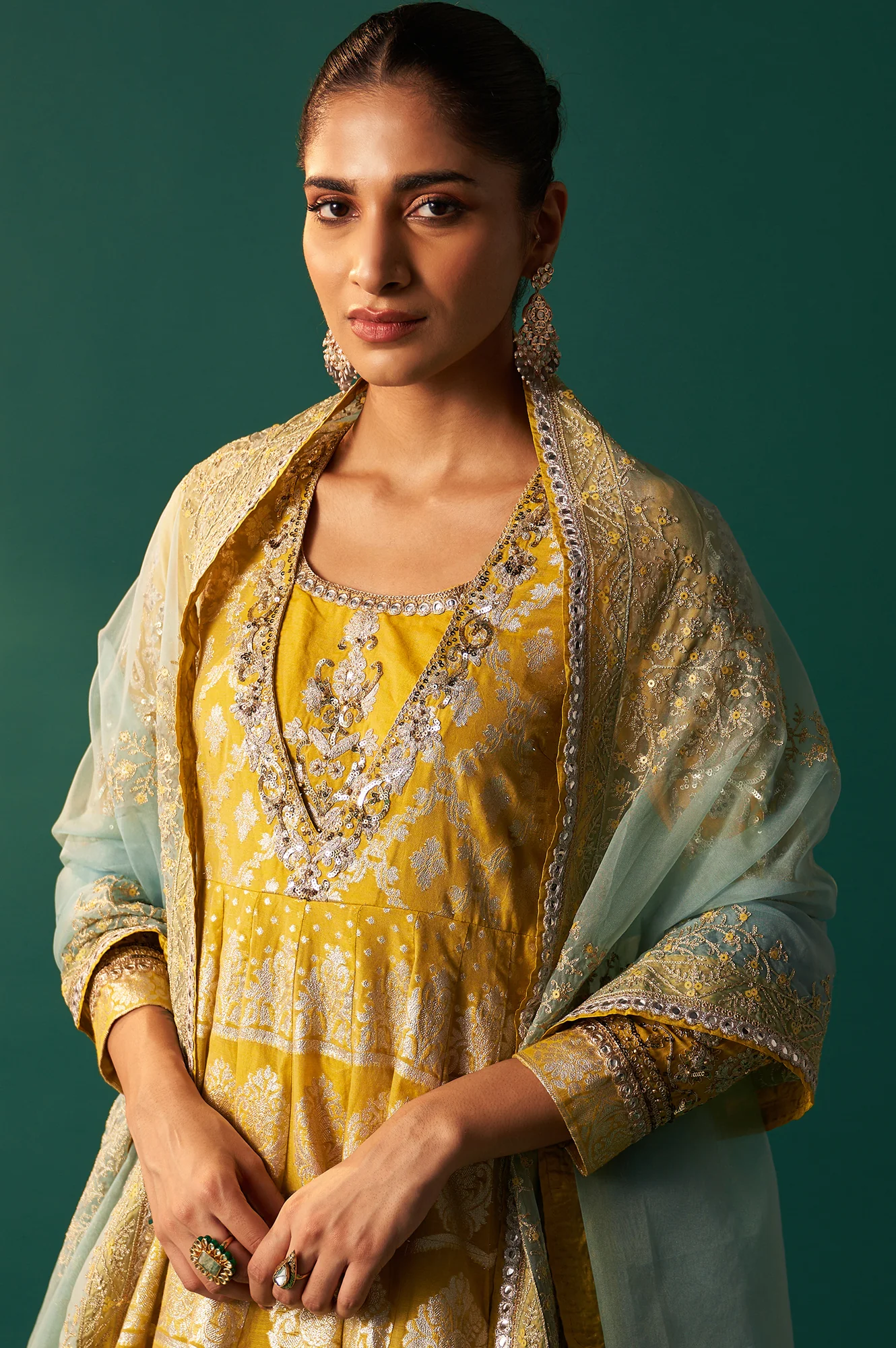 Green Embroidered Zari Work Flared Cotton Dress with Dupatta Set - Image 4