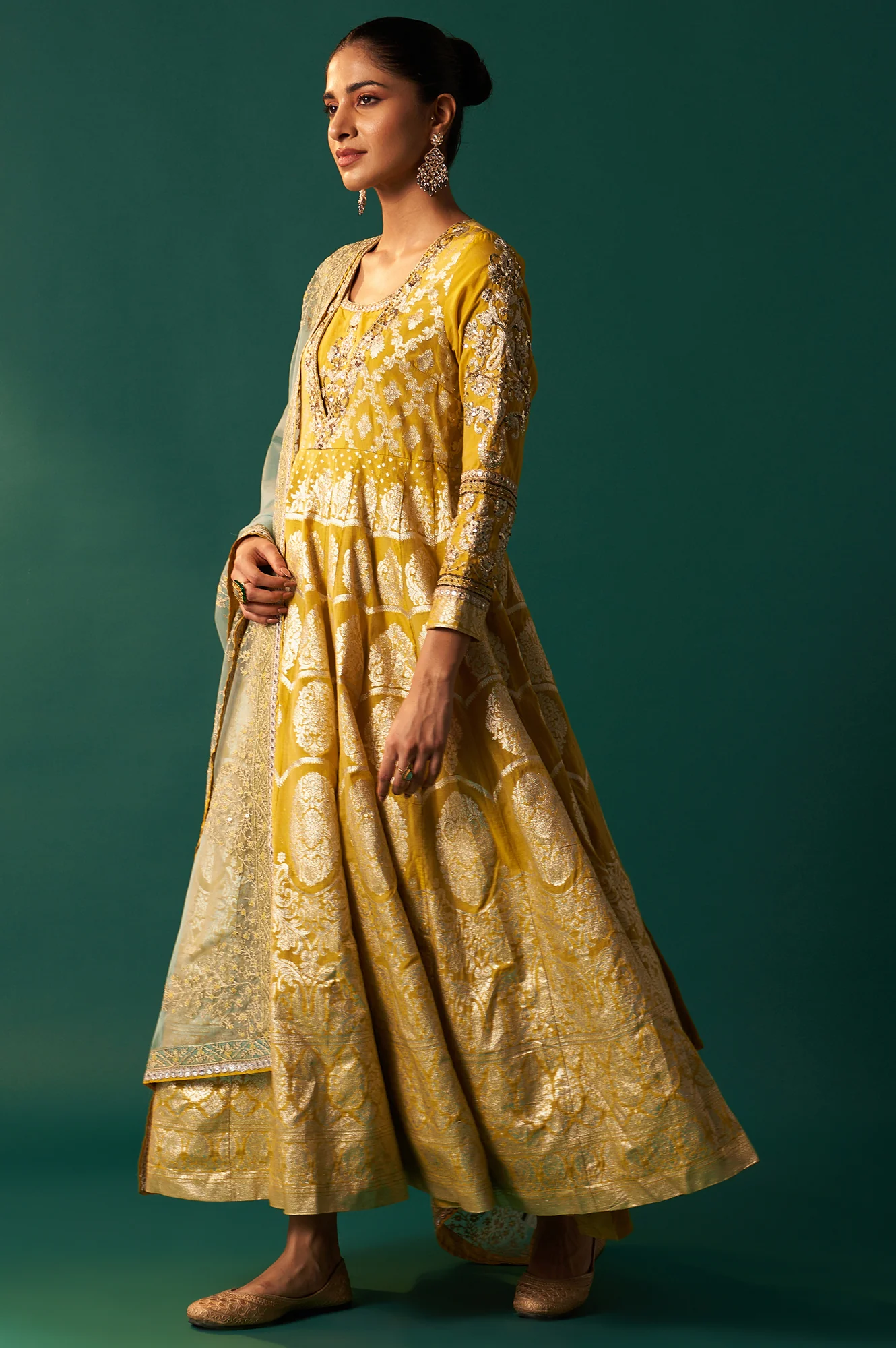 Green Embroidered Zari Work Flared Cotton Dress with Dupatta Set - Image 5