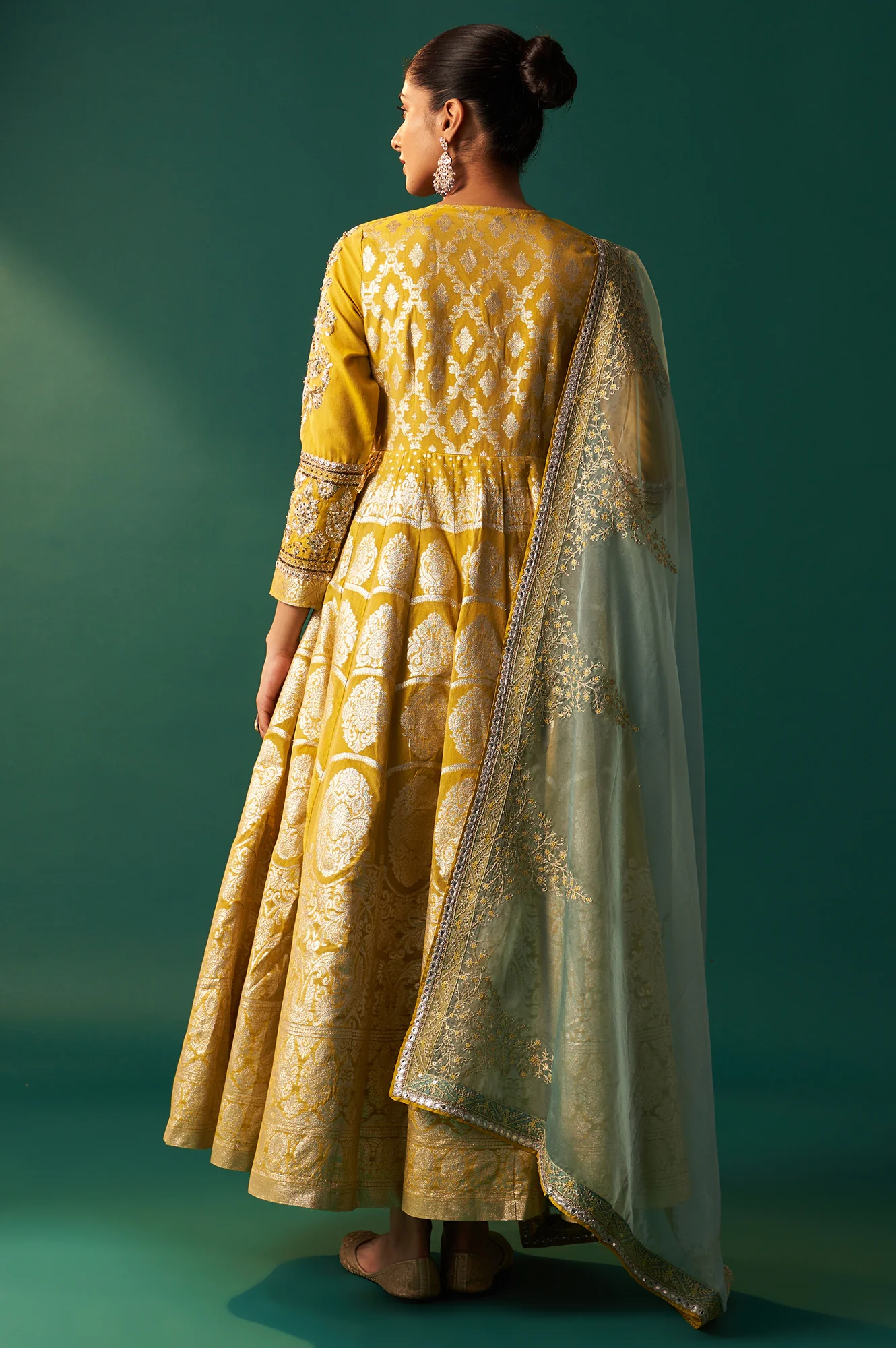 Green Embroidered Zari Work Flared Cotton Dress with Dupatta Set - Image 6