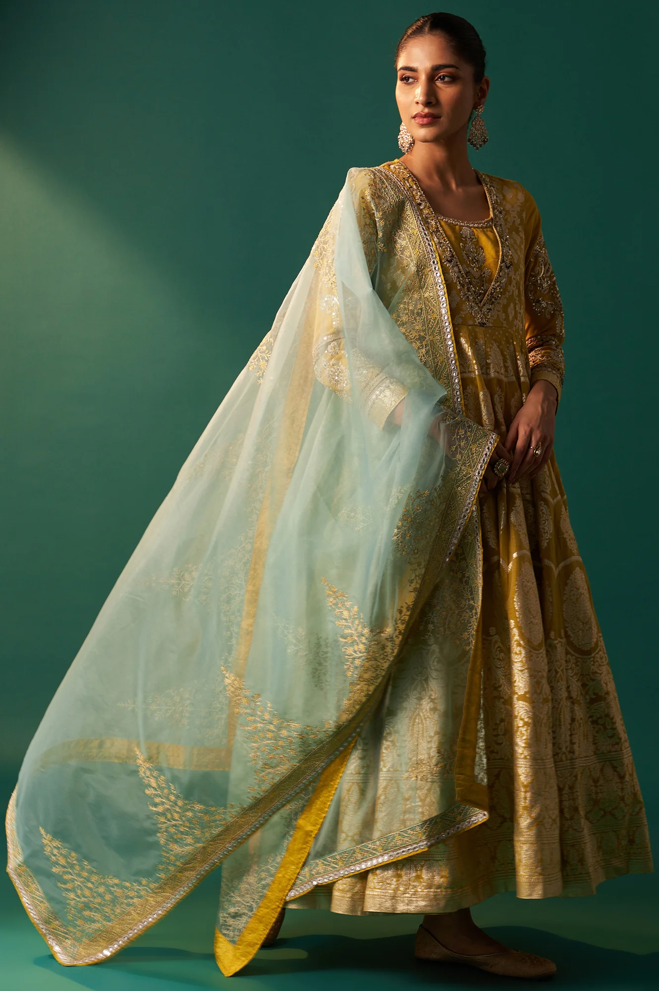 Green Embroidered Zari Work Flared Cotton Dress with Dupatta Set - Image 7