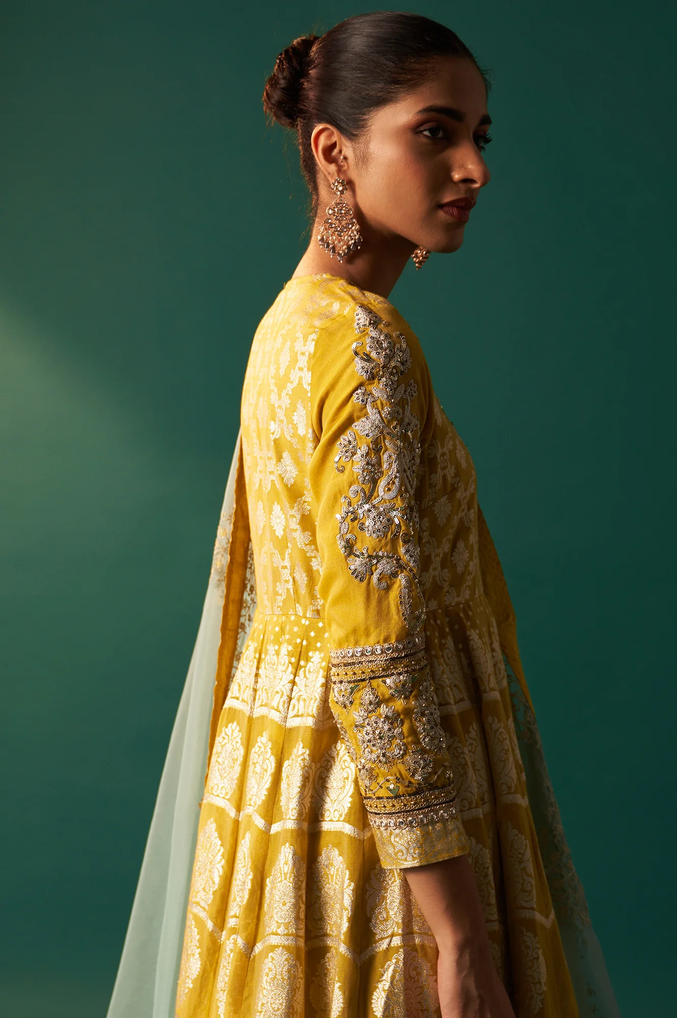 Green Embroidered Zari Work Flared Cotton Dress with Dupatta Set - Image 8