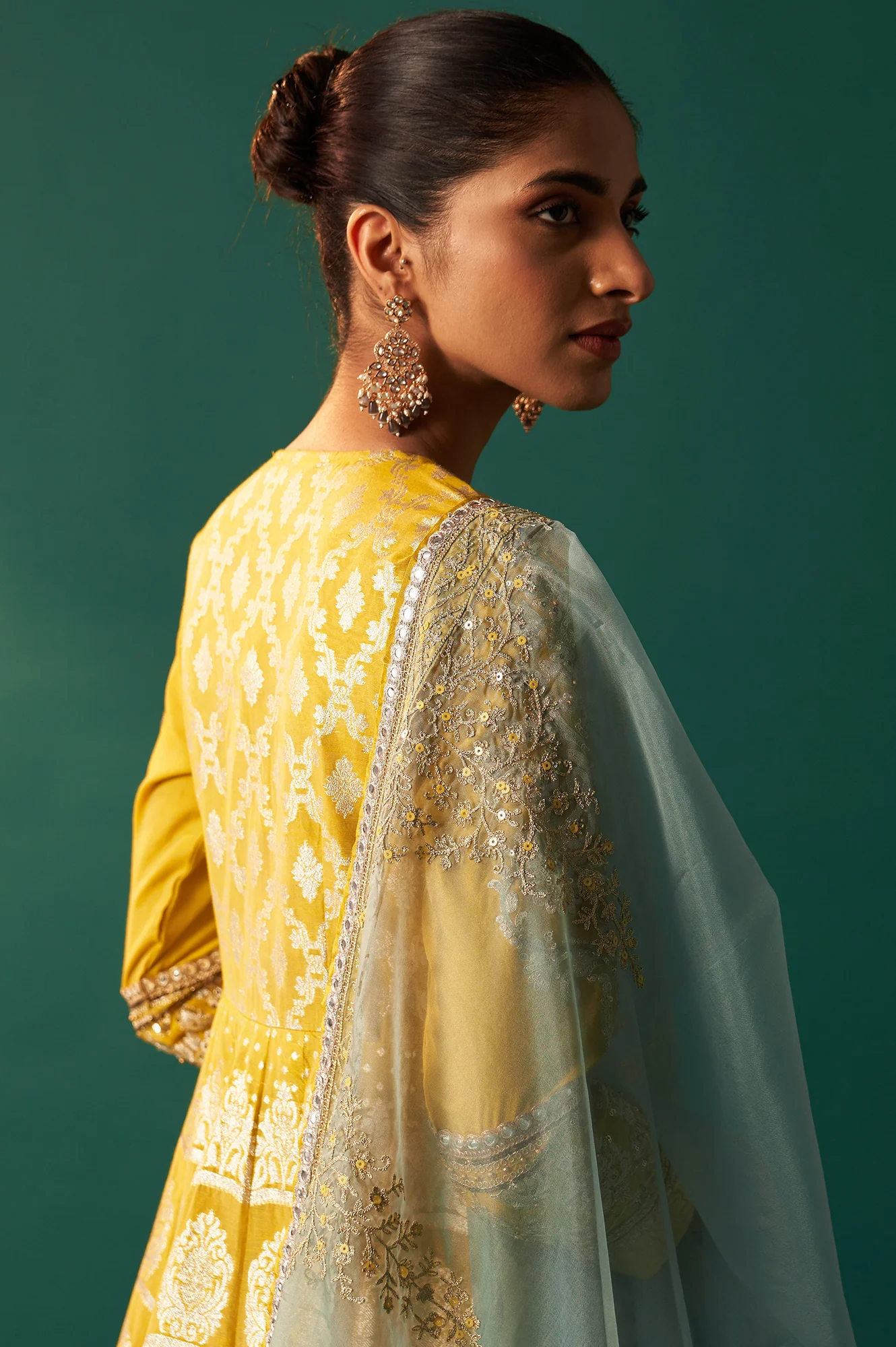 Green Embroidered Zari Work Flared Cotton Dress with Dupatta Set - Image 9
