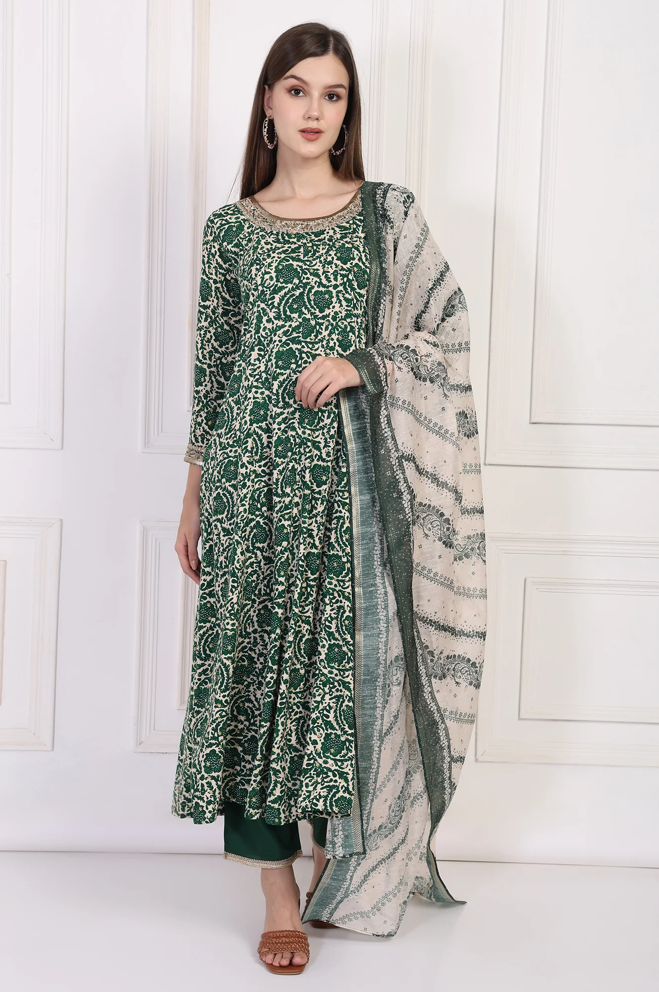 Green Ethnic Motifs Printed Embellished Anarkali Kurta with Straight Pant and Dupatta Set