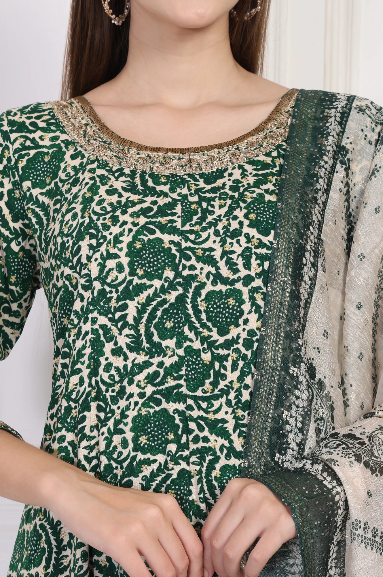 Green Ethnic Motifs Printed Embellished Anarkali Kurta with Straight Pant and Dupatta Set - Image 3