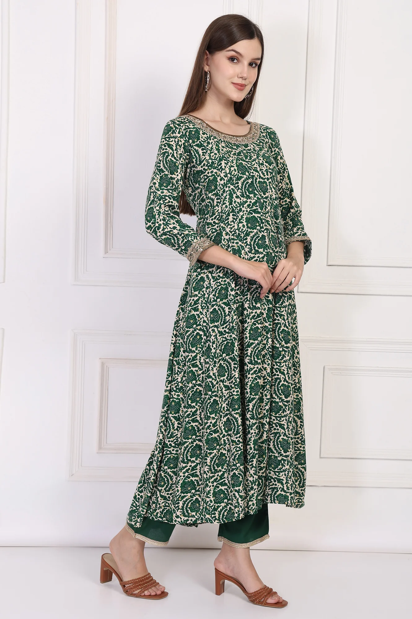 Green Ethnic Motifs Printed Embellished Anarkali Kurta with Straight Pant and Dupatta Set - Image 6