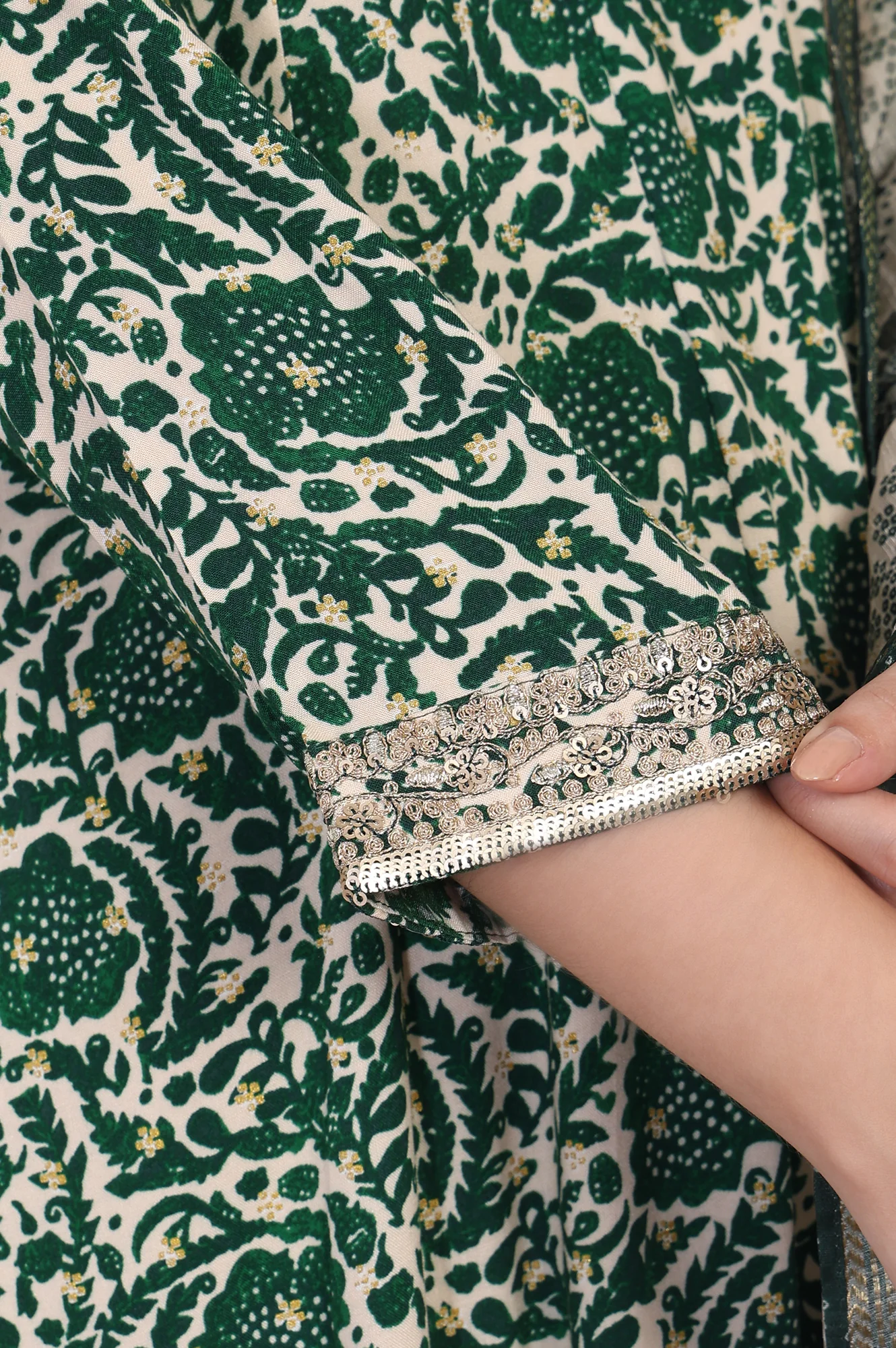 Green Ethnic Motifs Printed Embellished Anarkali Kurta with Straight Pant and Dupatta Set - Image 7