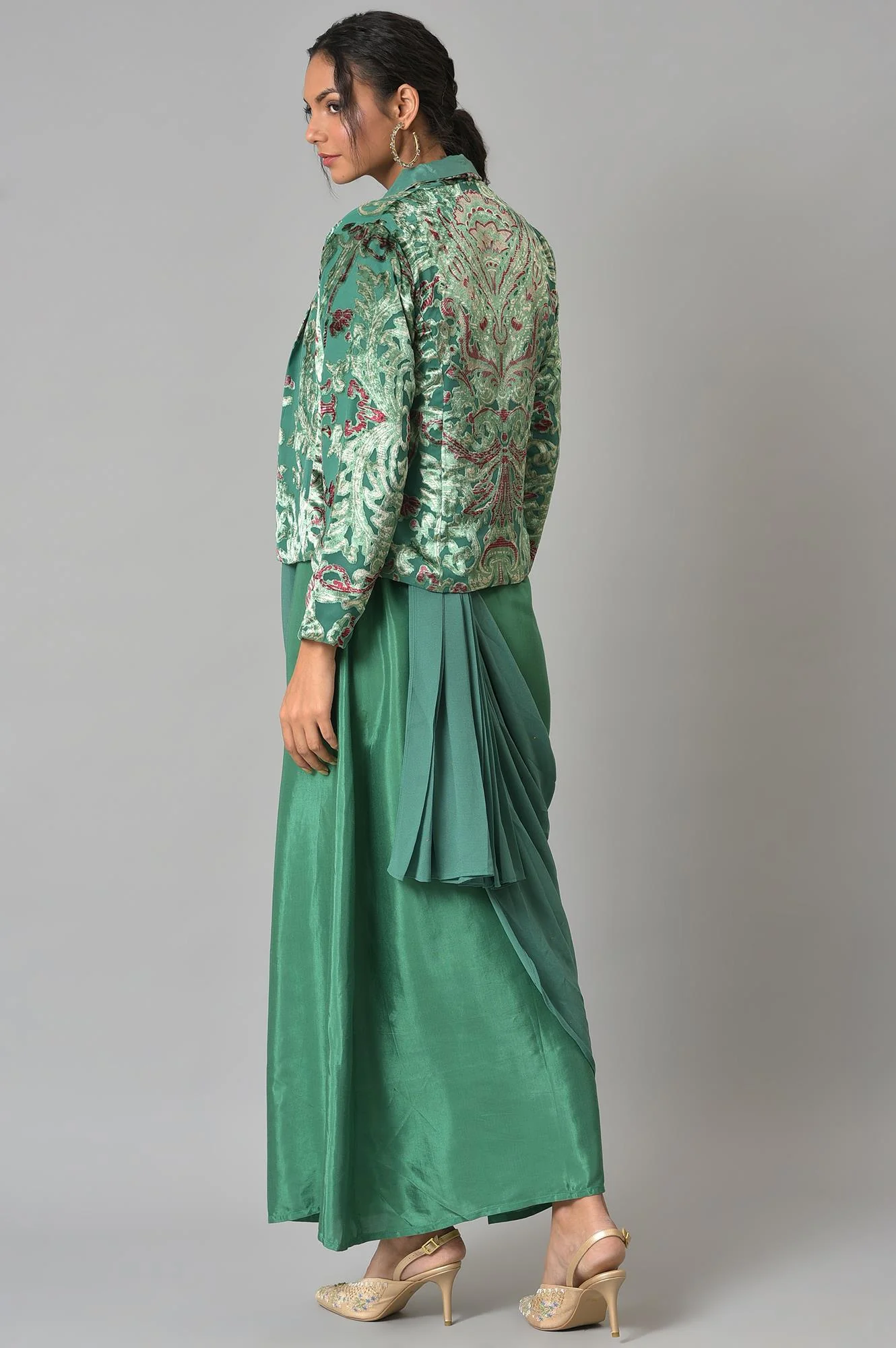 Green Festive Saree Draped kurta With Short Jacket - Image 2