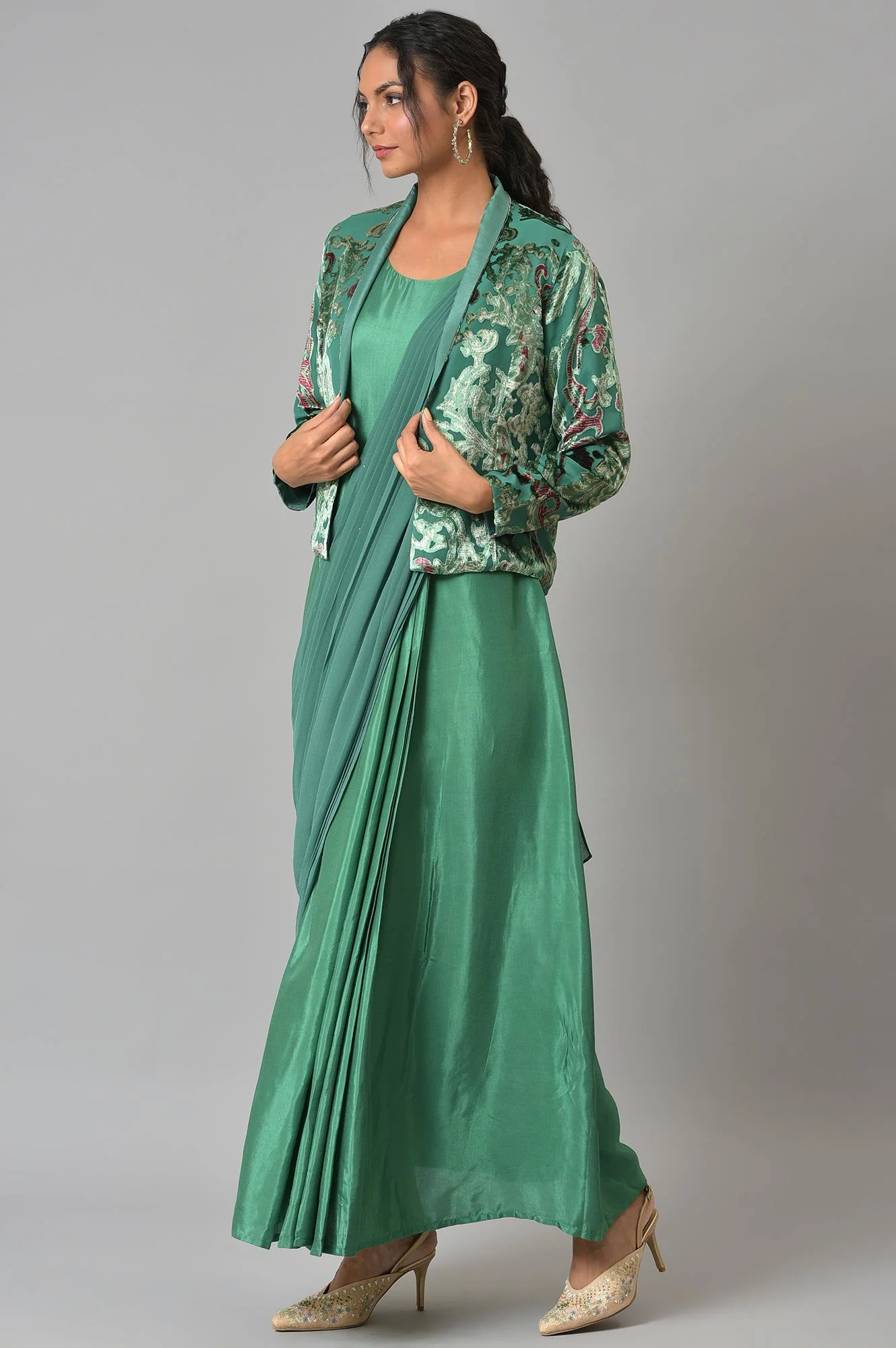 Green Festive Saree Draped kurta With Short Jacket - Image 3
