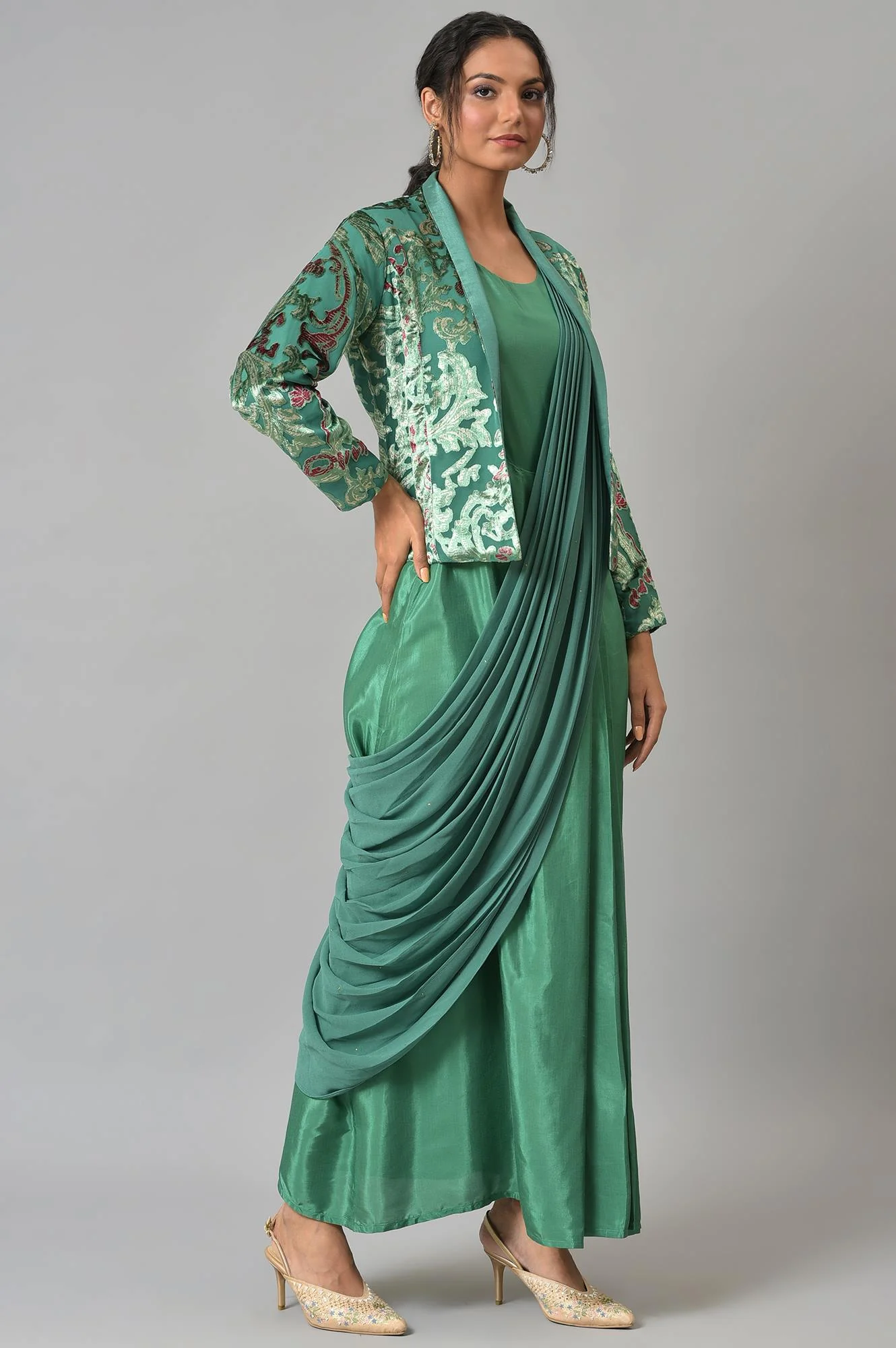 Green Festive Saree Draped kurta With Short Jacket - Image 4