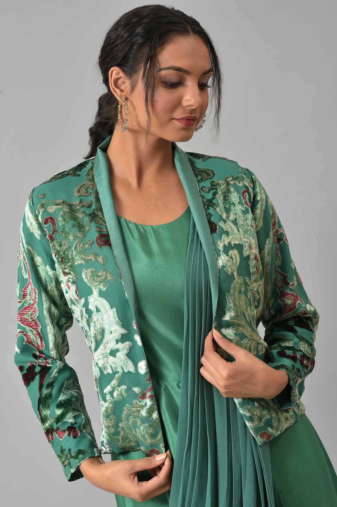 Green Festive Saree Draped kurta With Short Jacket - Image 5