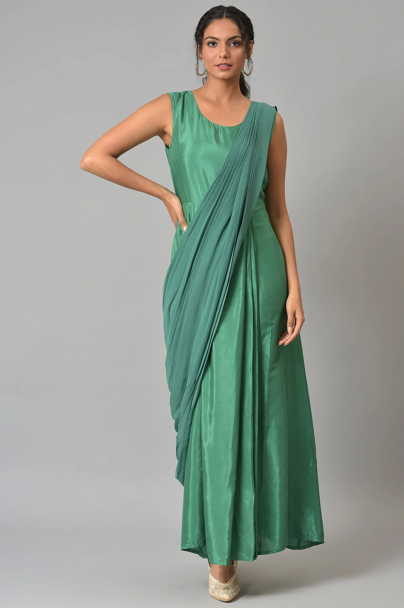 Green Festive Saree Draped kurta With Short Jacket - Image 6