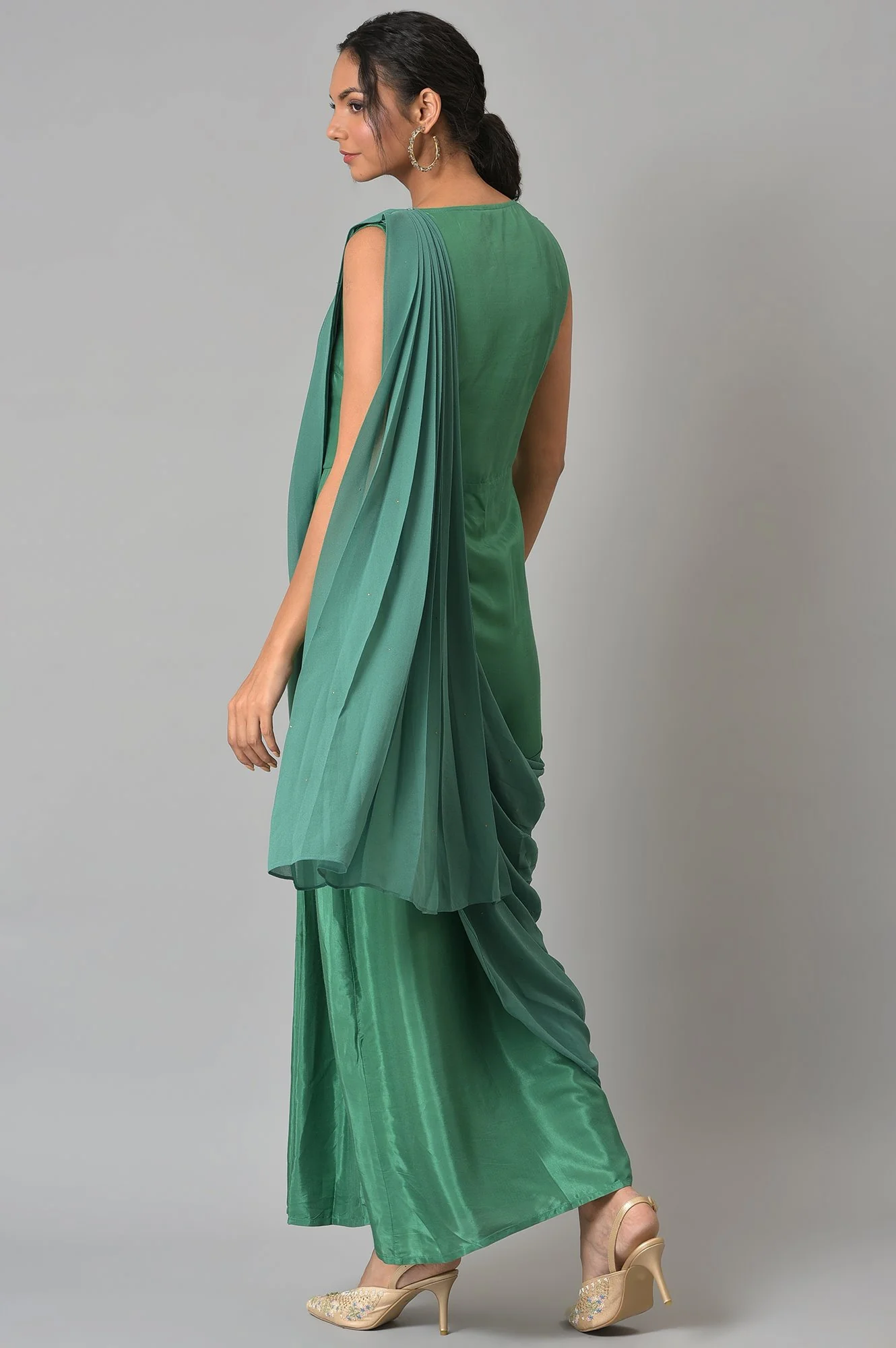 Green Festive Saree Draped kurta With Short Jacket - Image 7