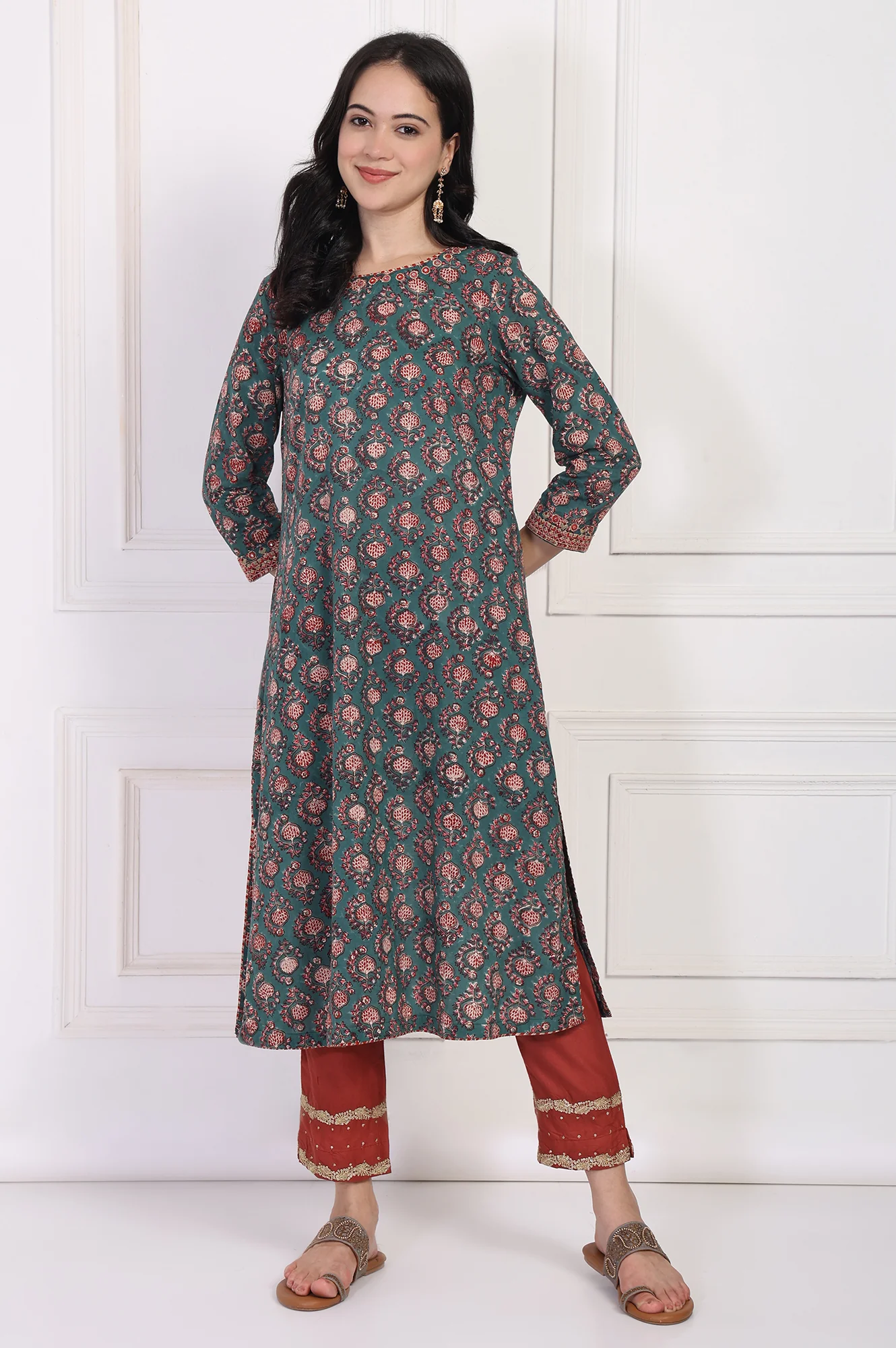 Green Floral Block Printed Embroidered A-Line Cotton Kurta - Image 2